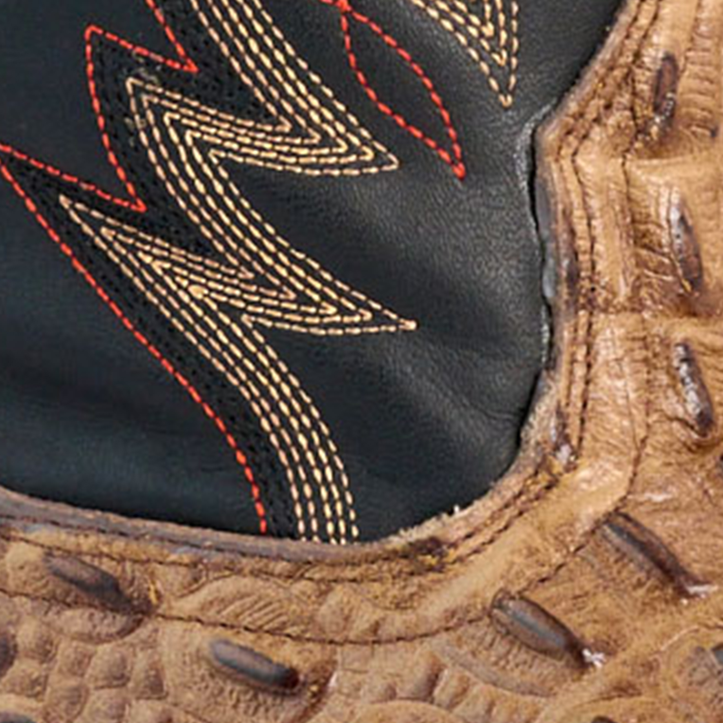 Cavender's Men's Pecan Caiman Print and Black Wide Square Toe Cowboy Boots - Image 1