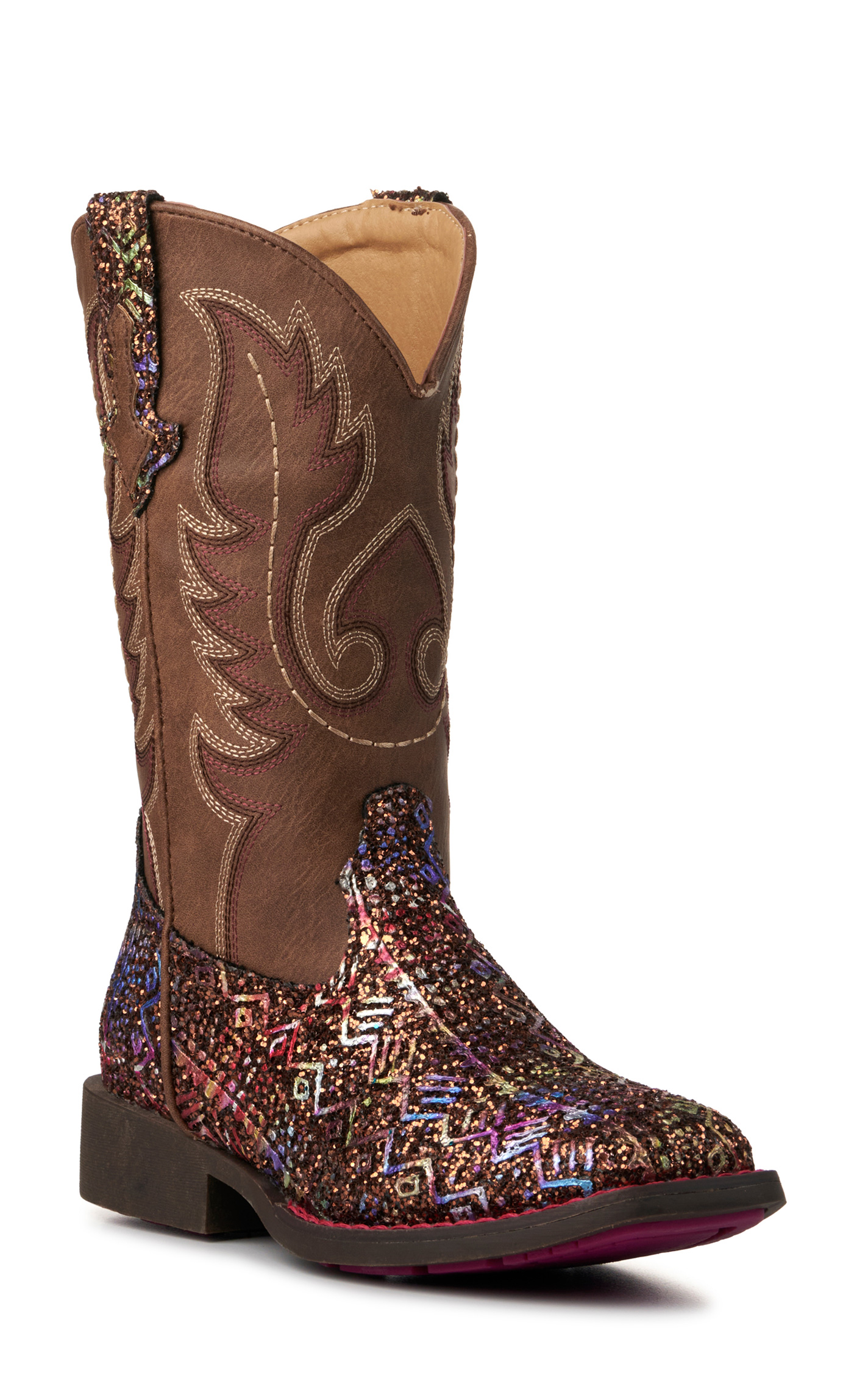 Roper Kids Brown and Multi-Color Glitter Aztec Square Toe Cowboy Boot - Image 1