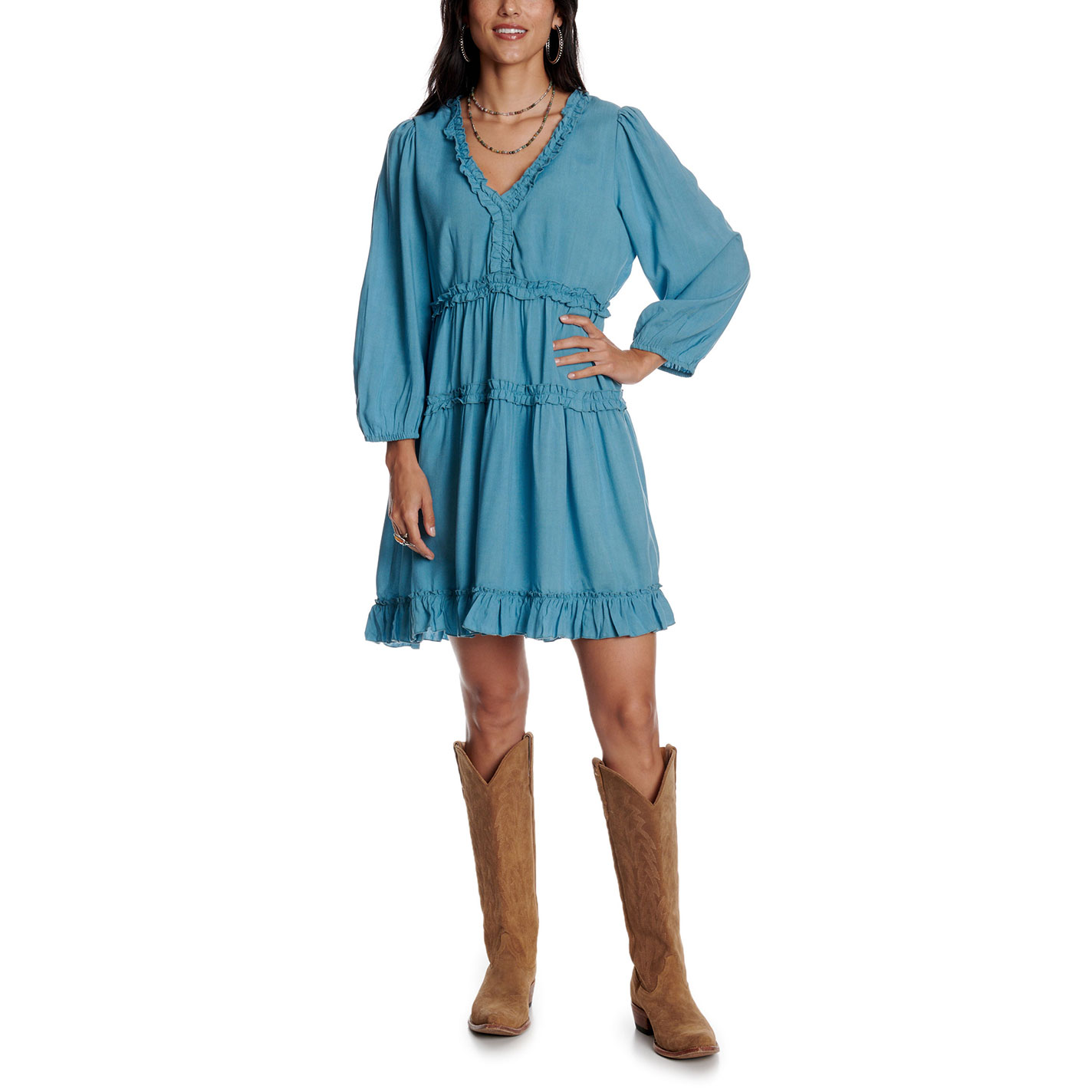 Rockin' C Women's Adriatic Blue Tiered Ruffle Dress - Image 1