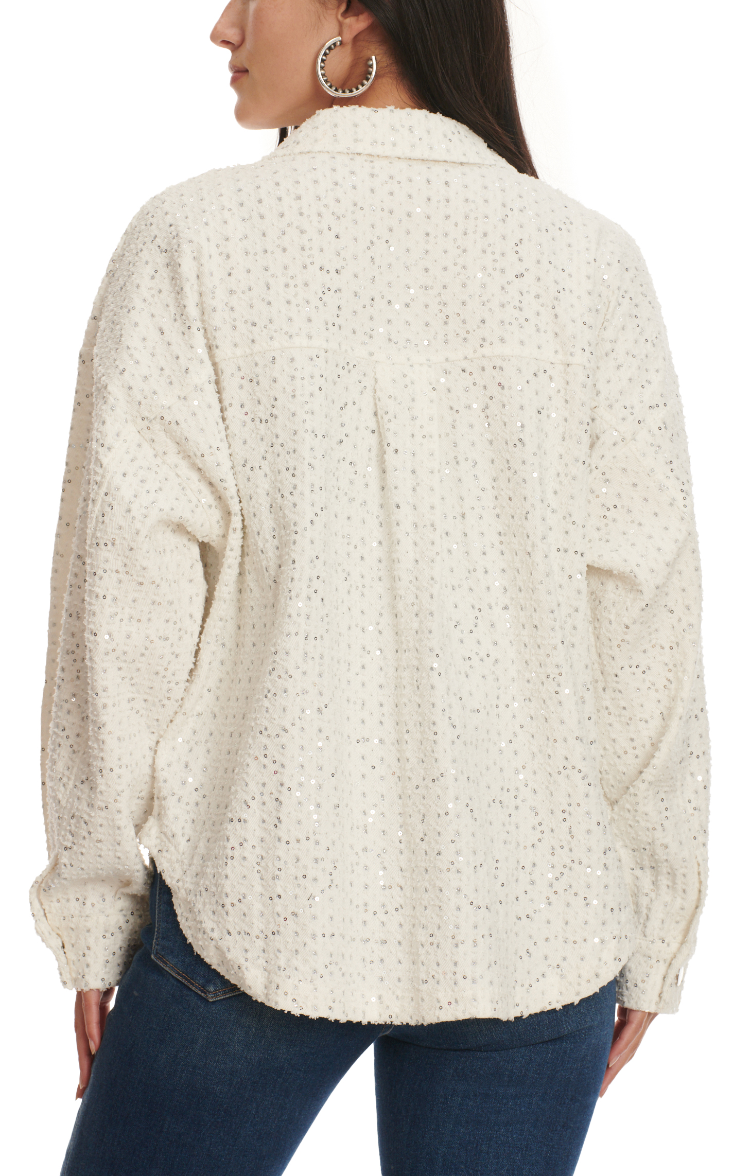 Mainstrip Women's White Fully Covered with Silver Sequins & Crystals Long Sleeve Top - Image 1