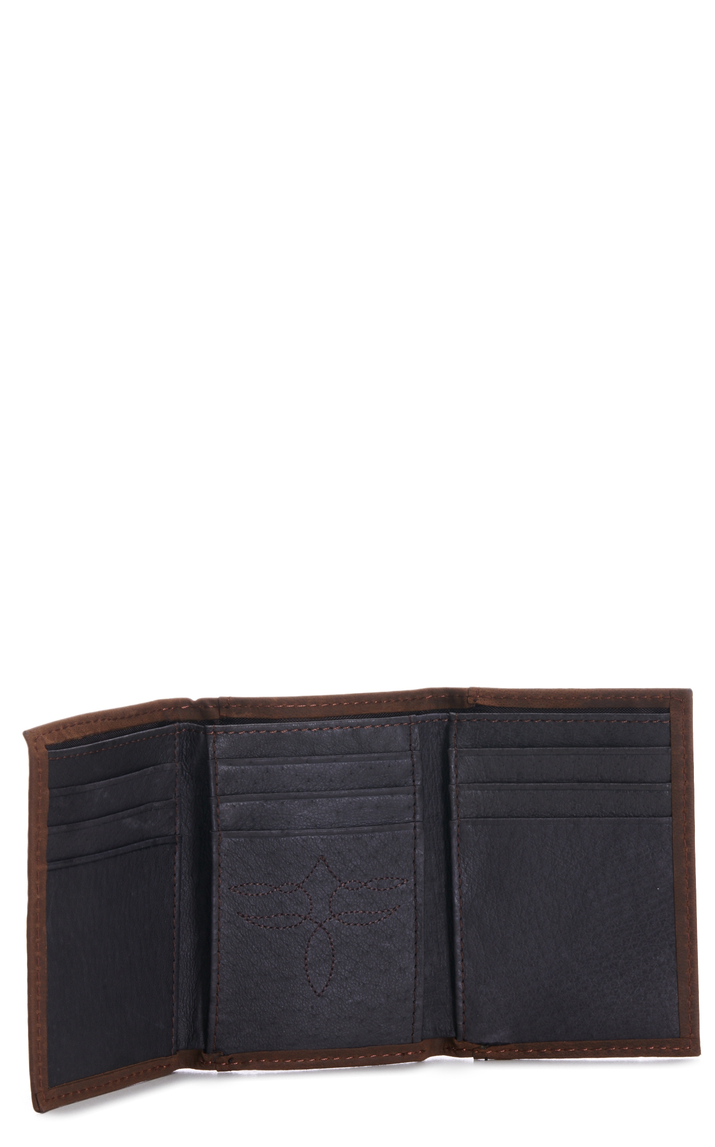 Justin Brown Basketweave and Hair on Hide with Praying Cowboy Concho Trifold Wallet - Image 1