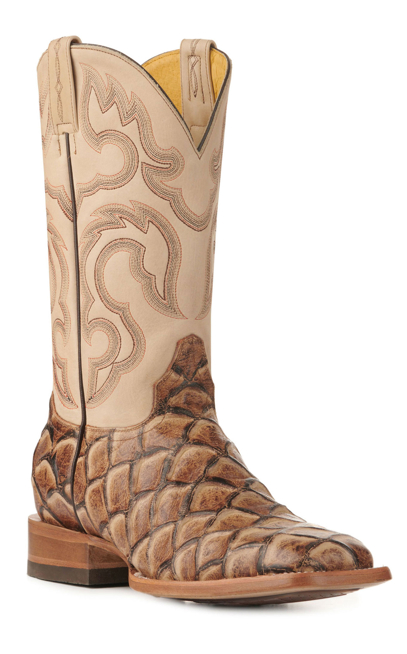 Cavender's Men's Endurance Camel and Sand Pirarucu Print Square Toe Cowboy Boots - Image 1