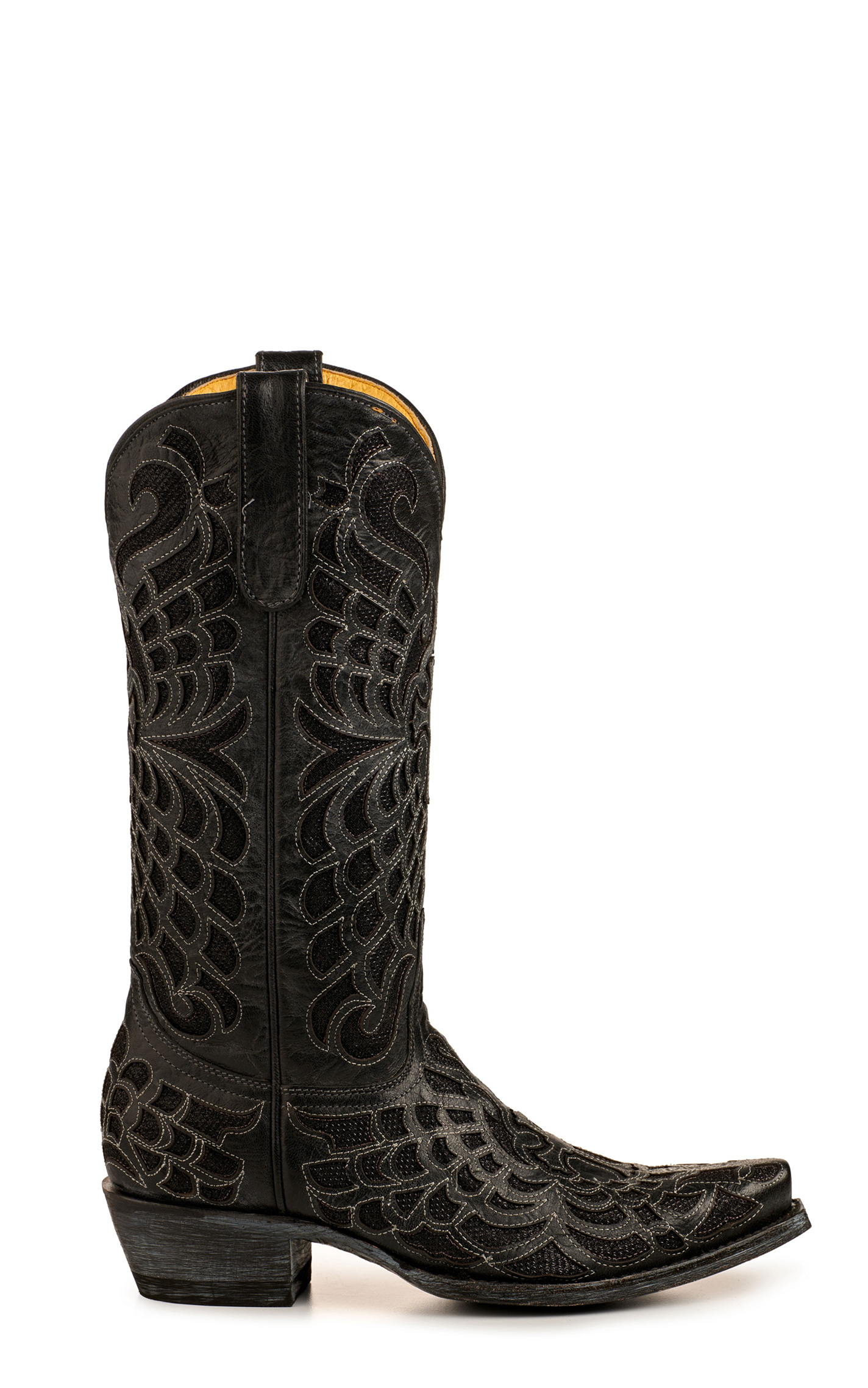 Cavender’s Women’s Leather Black with Black Cross Sparkle Inlay Snip Toe Cowboy Boots  - Image 1