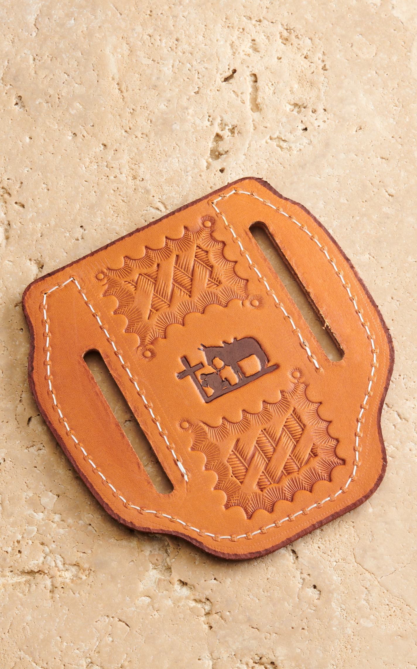 Slade Saddle Shop Basket and Praying Cowboy Stamped Saddle Tan Leather Large Pancake Knife Sheath - Image 1