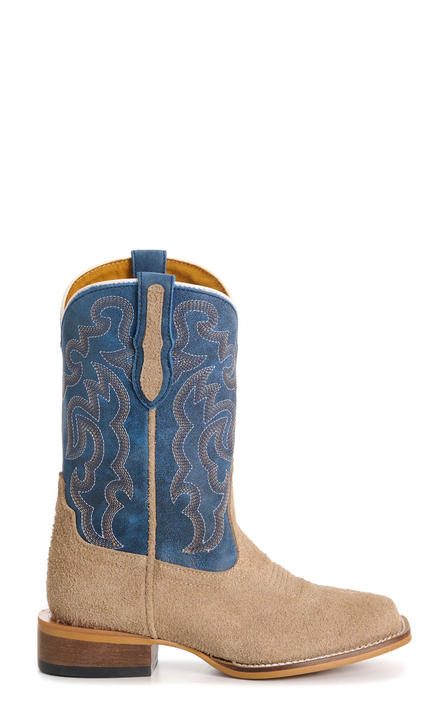 Cavender’s Kid’s Bone Roughout Suede and Blue Square Toe Cowboy Boots - Image 1