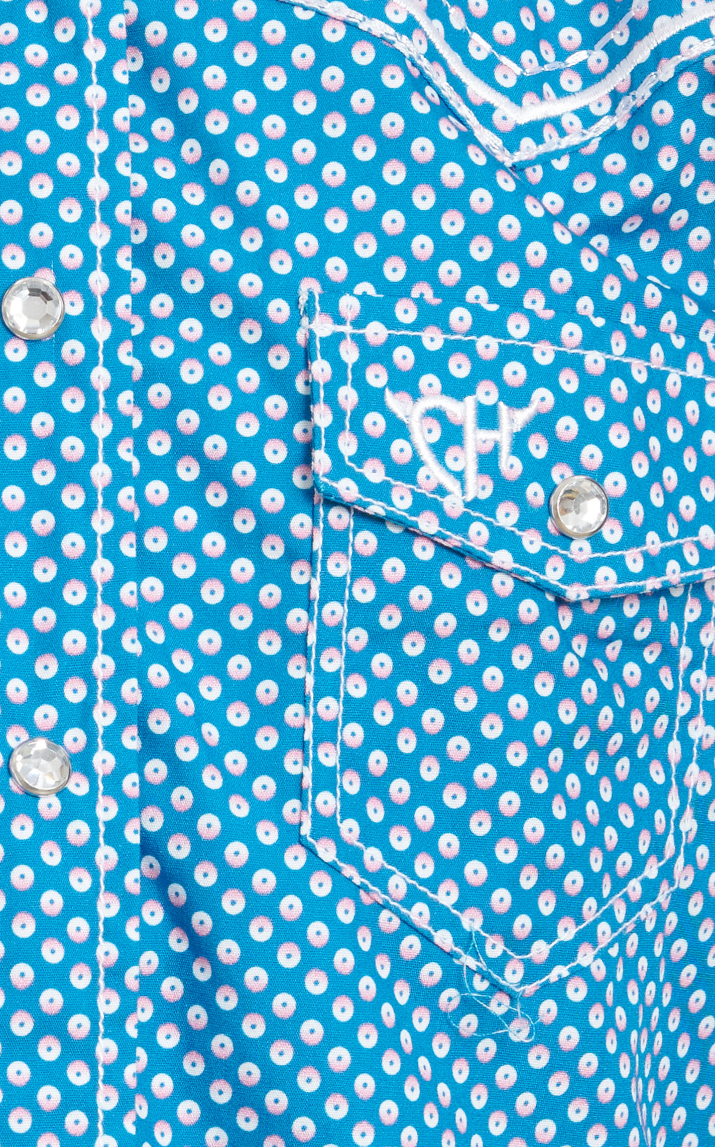 Cowgirl Hardware Girl's Aegean Blue White & Pink Doughnut Print Long Sleeve Western Shirt - Image 1