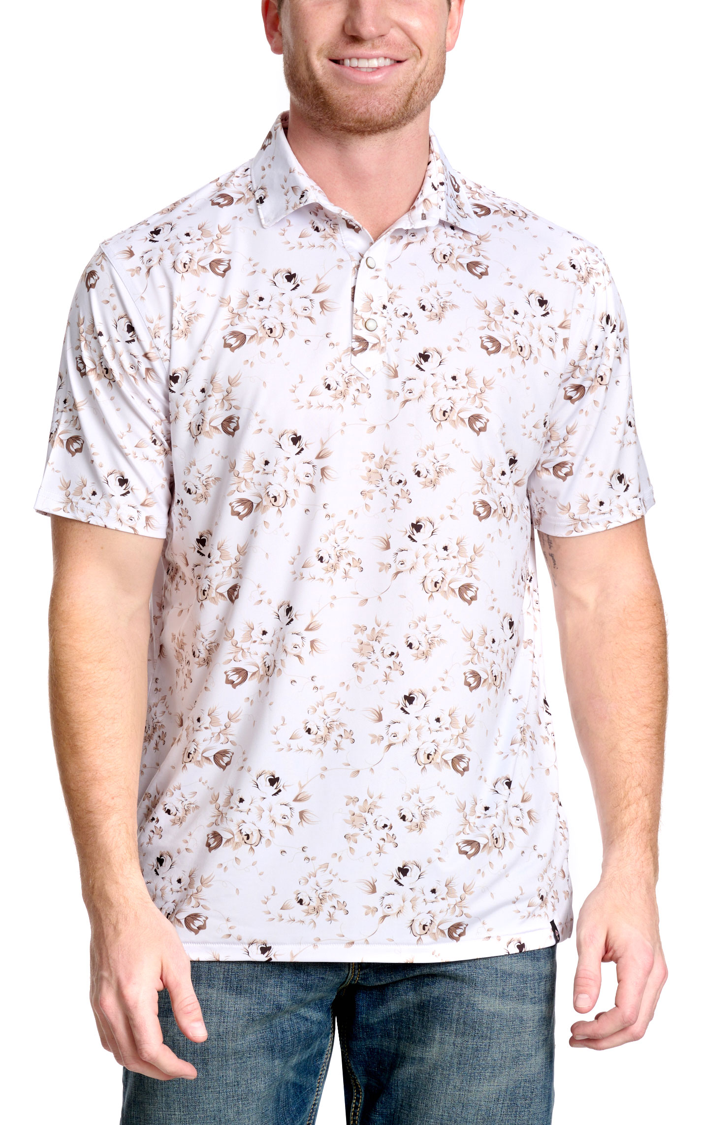 Rafter C Men's Coffee Floral Print Polo Shirt - Image 1