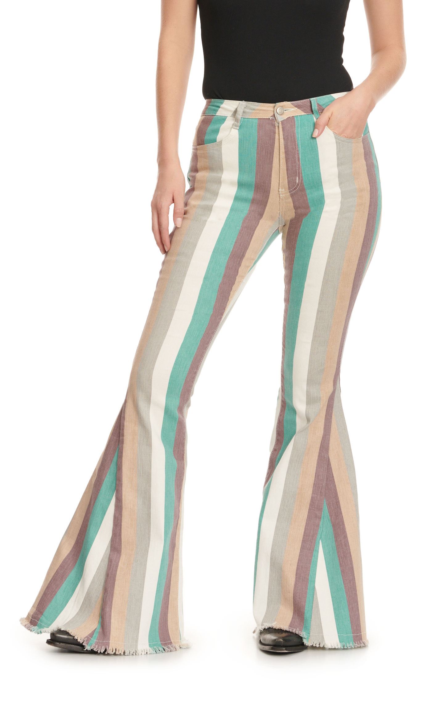 Saints & Hearts Women's Teal Burgundy & Gray Stripe Super Flare Leg Jeans - Image 1