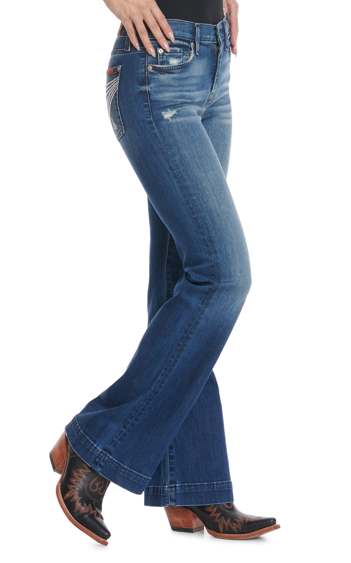 7 for All Mankind Women's Medium-Dark Wash Mid Rise Lightly Distressed Dojo Trouser Jeans - Image 4