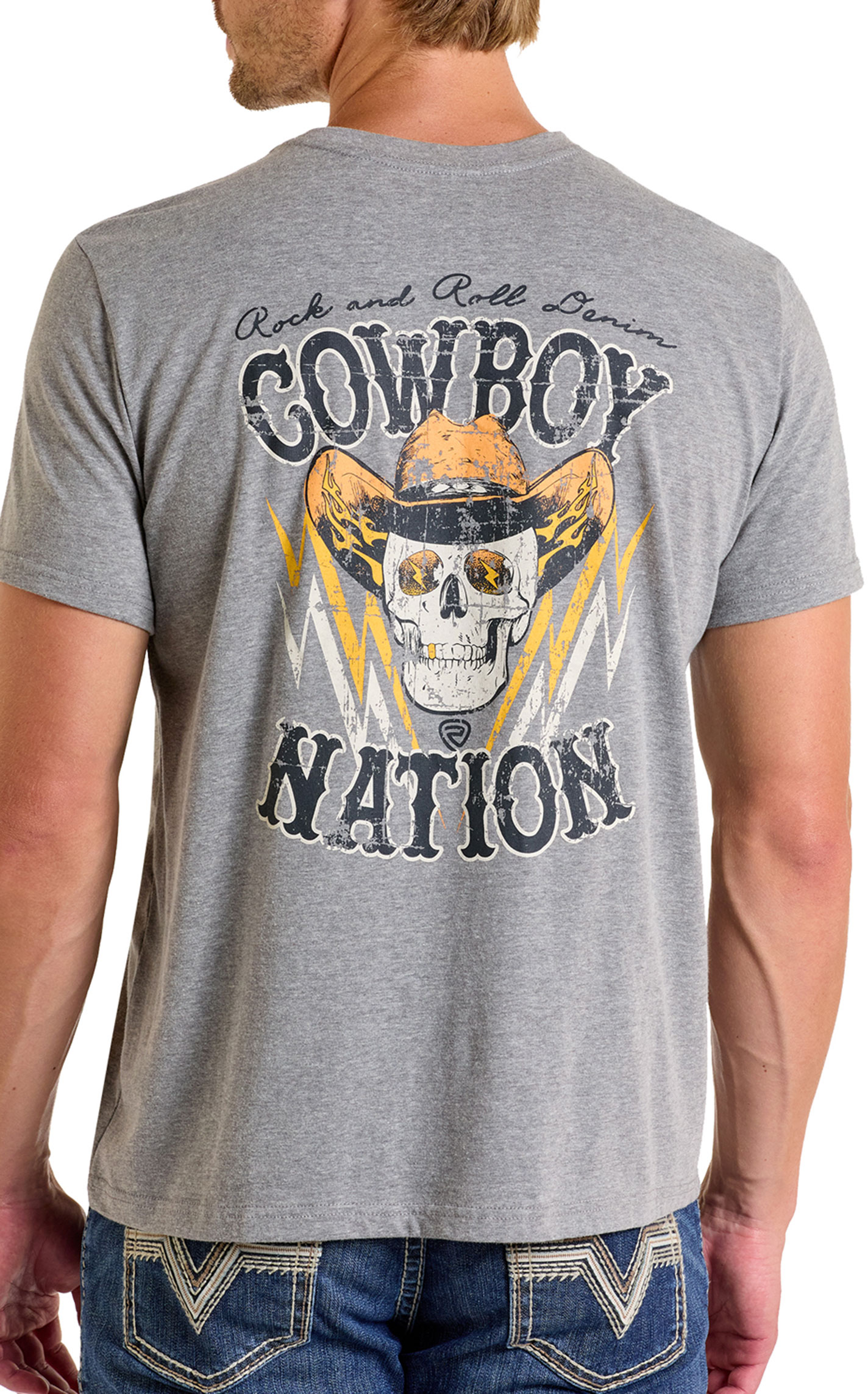 Rock & Roll Denim Men's Gray Cowboy Nation Skull Print T-Shirt - Image 1