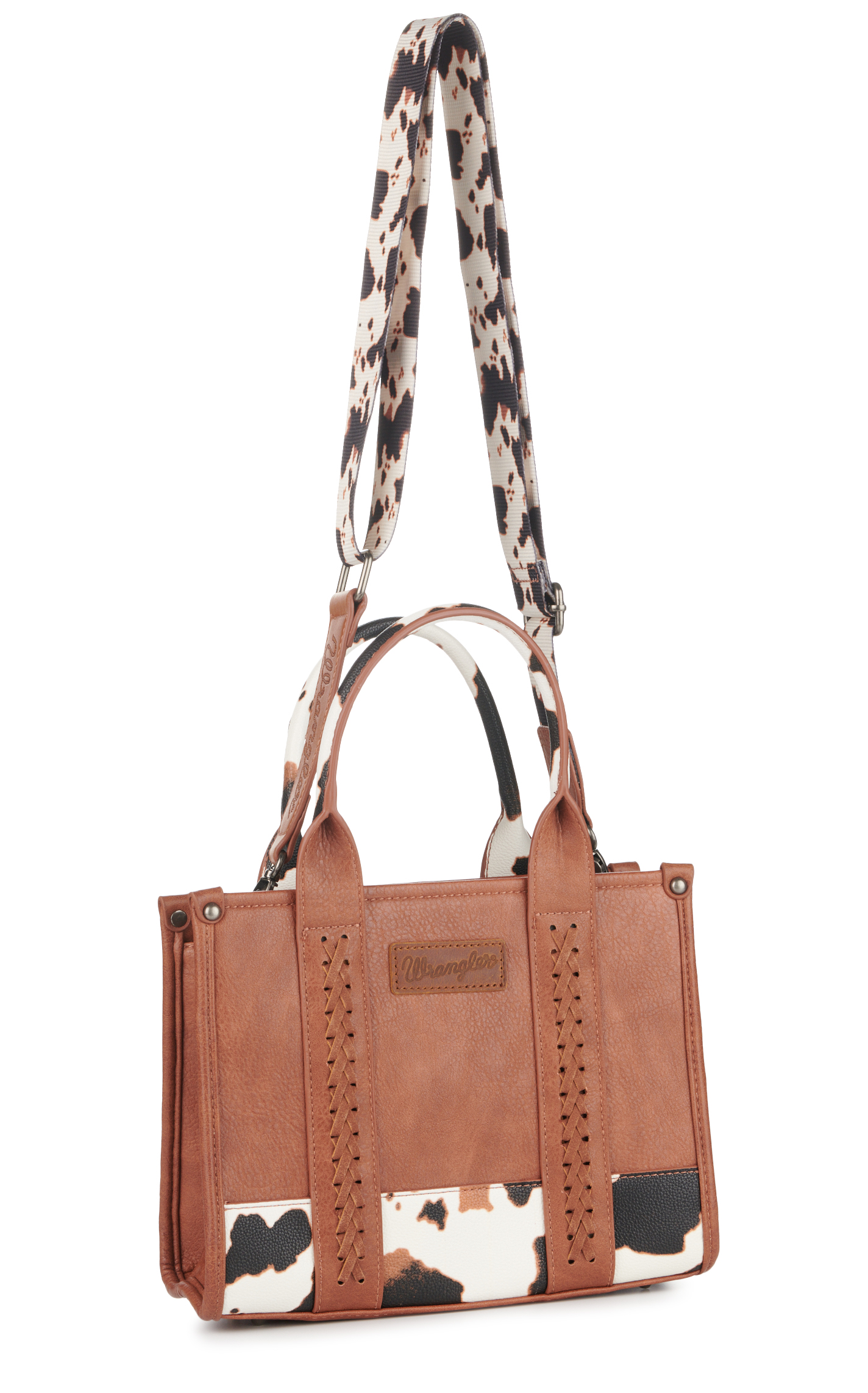 Wrangler Brown Black & White Leather Cow Print Medium Tote Handbag - Image 1
