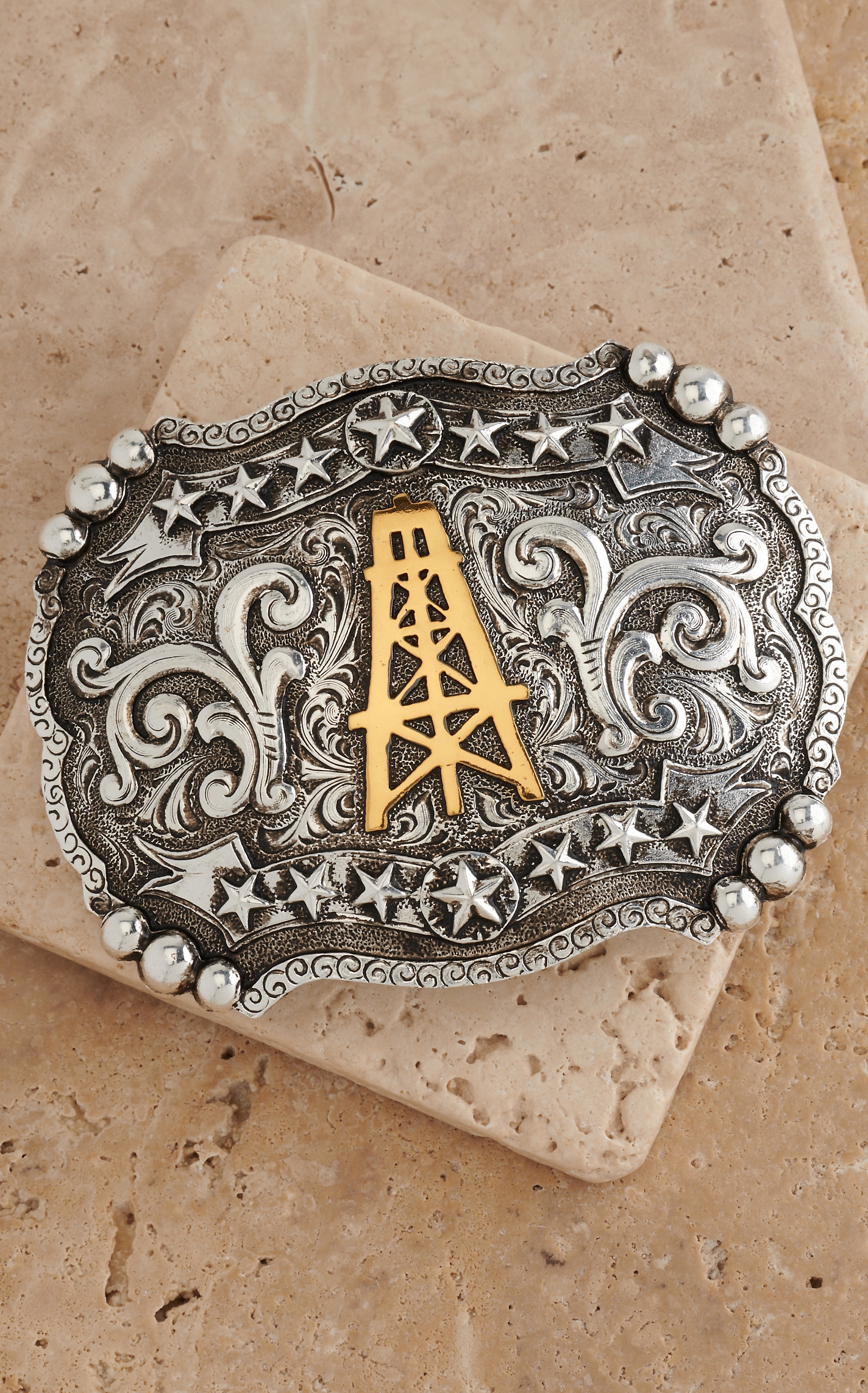 AndWest Silver with Gold Oil Derrick Western Scroll & Stars Belt Buckle - Image 1