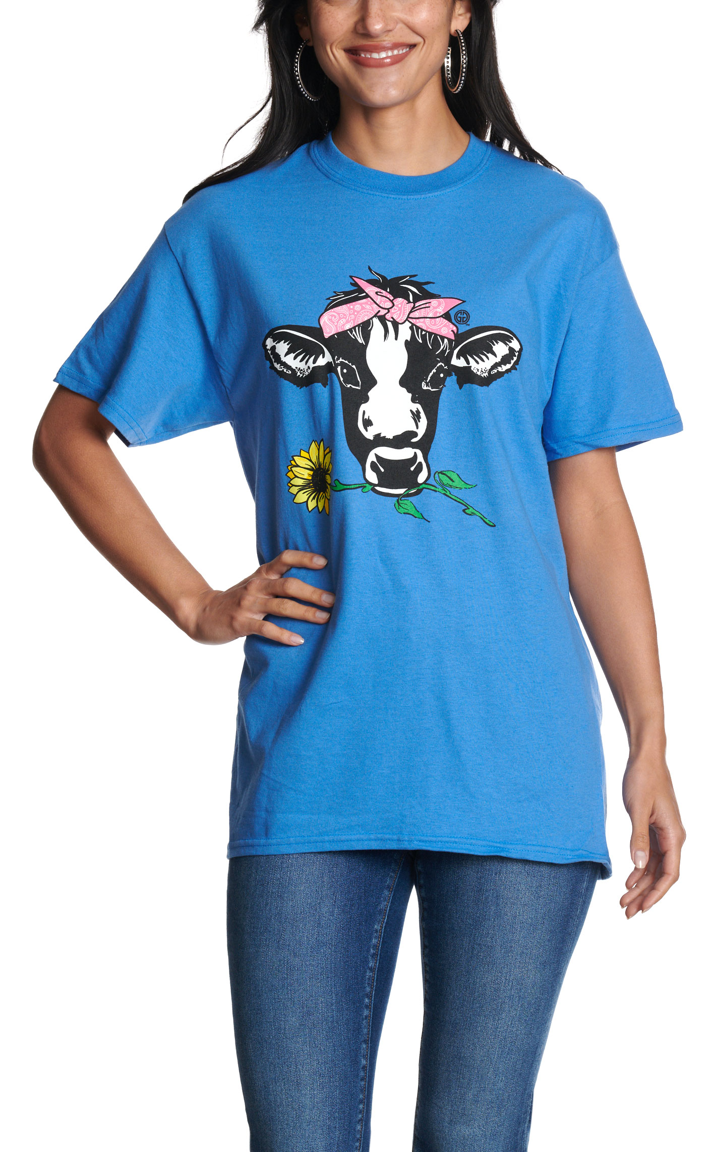 Girlie Girl Originals Women's  Lilly Girl Blue Sunflower Cow T-Shirt - Image 1