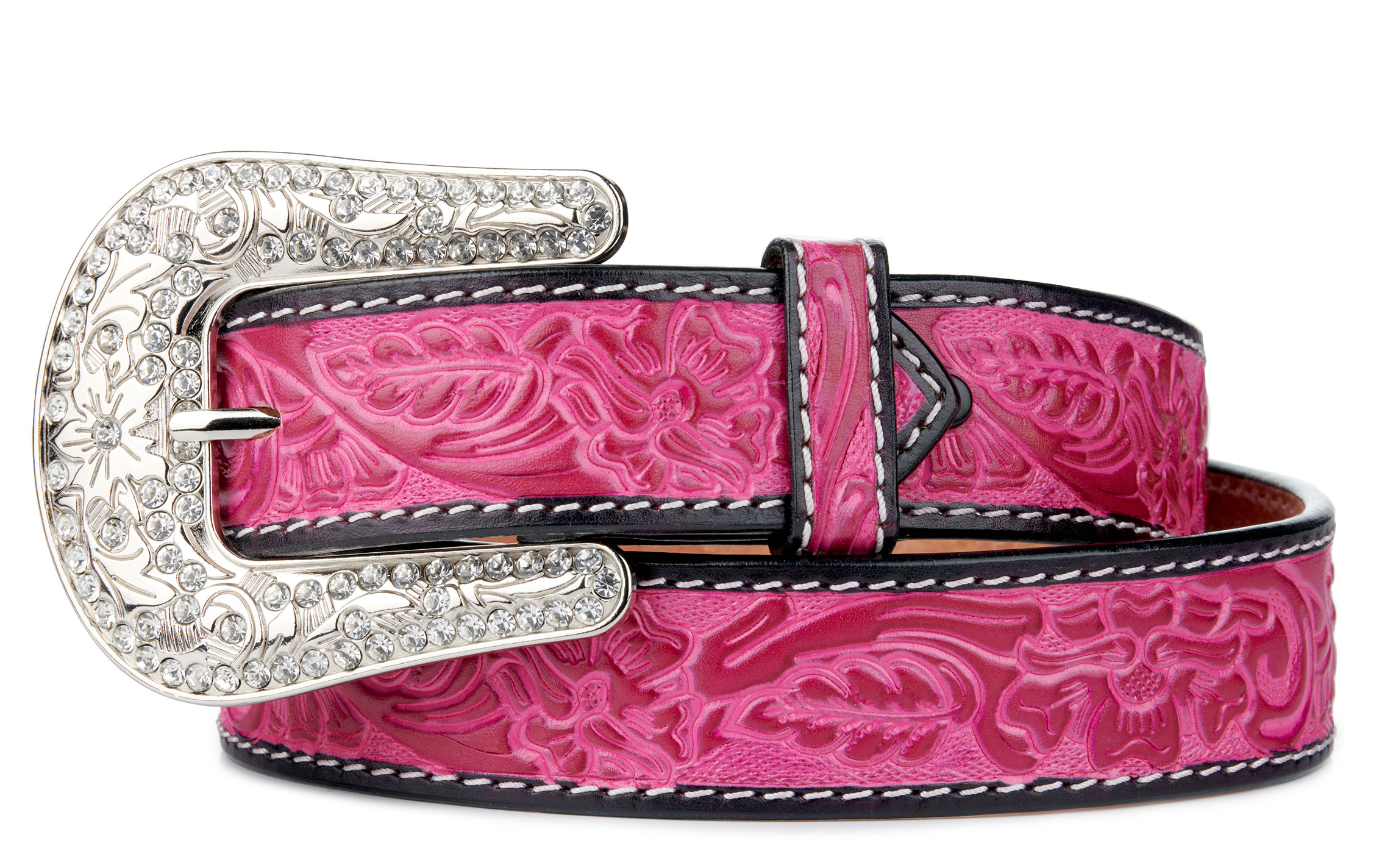 Angel Ranch Women's Hot PInk Tooled & Bling Buckle Western Belt - Image 1