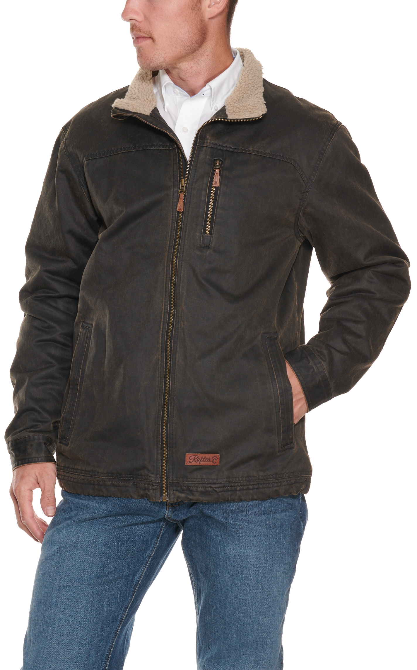 Rafter C Men's Dark Brown Faux Oilskin with Sherpa Collar Jacket - Big & Tall - Image 3