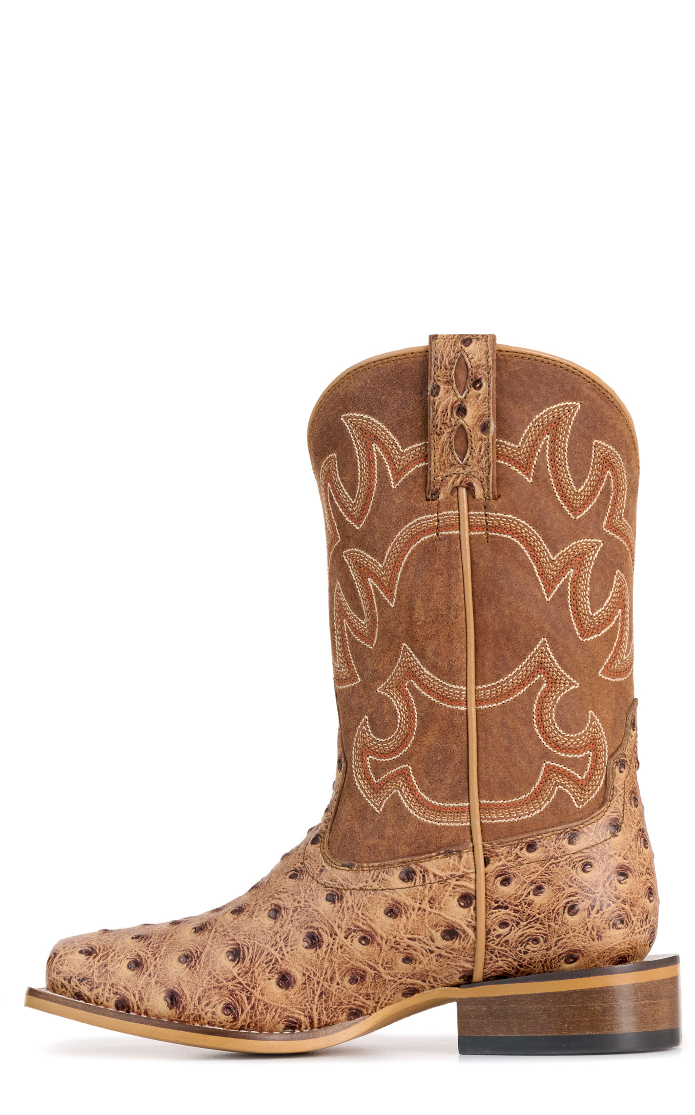 Cavender's Youth Camel Ostrich Print and Brown Wide Square Toe Cowboy Boots - Image 1