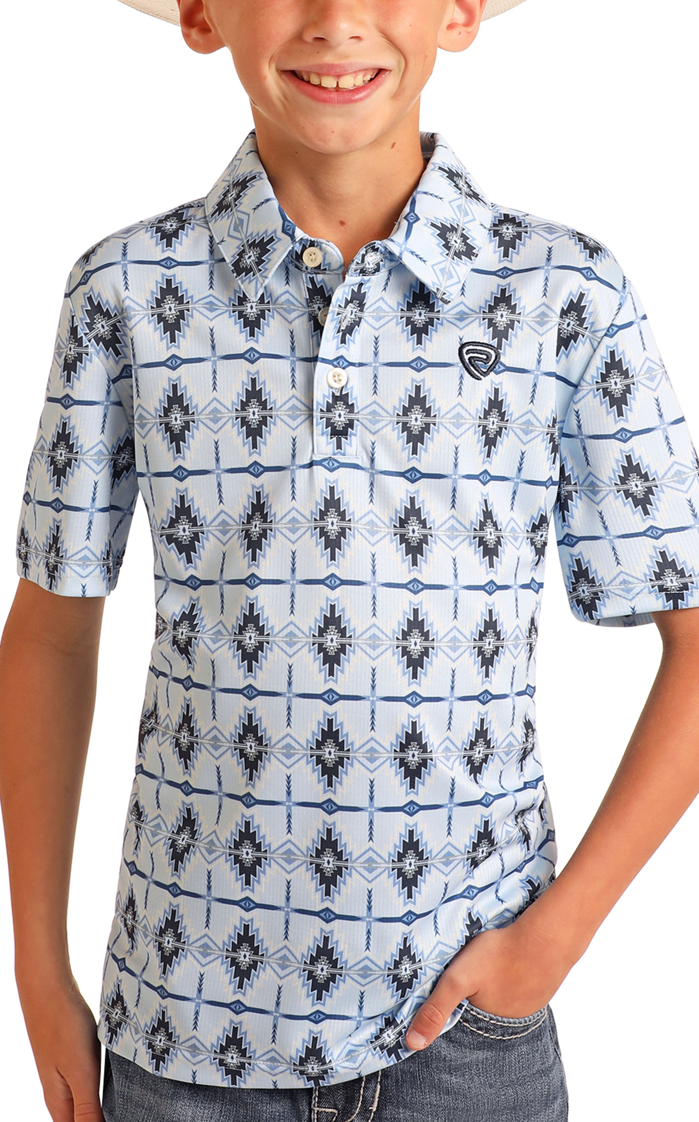 Rock & Roll Denim Boy's Sky & Black Aztec Polo Shirt - Image 1
