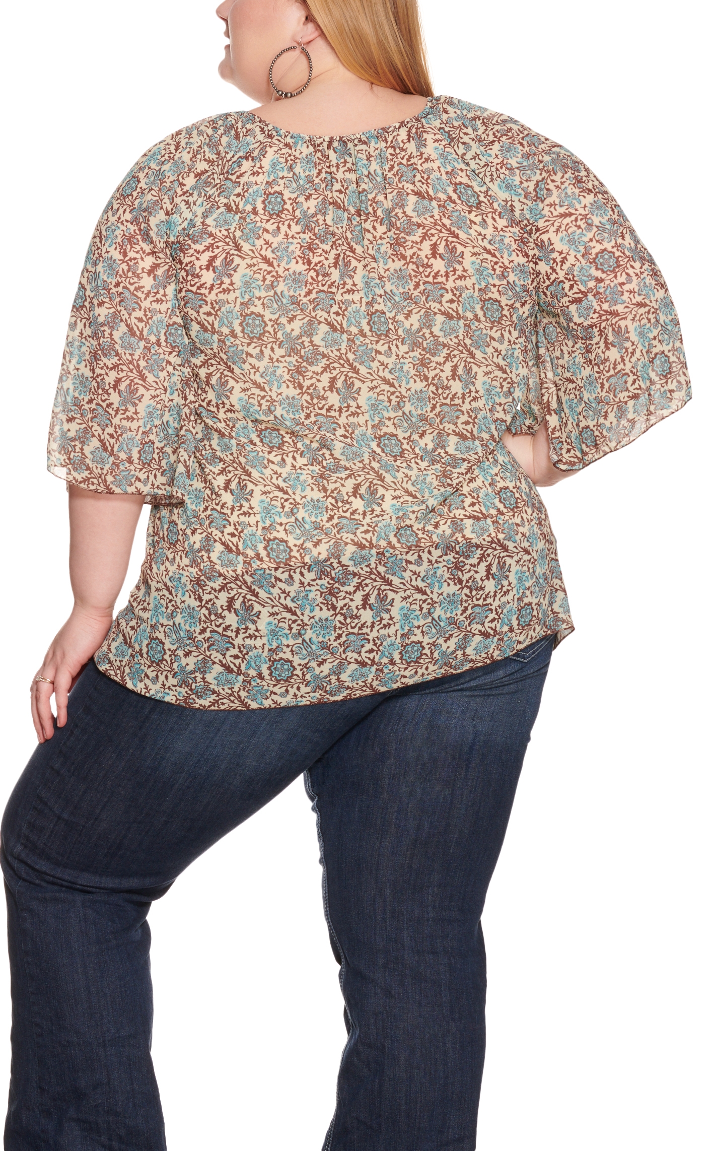 Cowgirl Hardware Women's Cream with Turquoise and Brown Floral Paisley Print 3/4 Angel Sleeves Top - Plus Sizes - Image 1