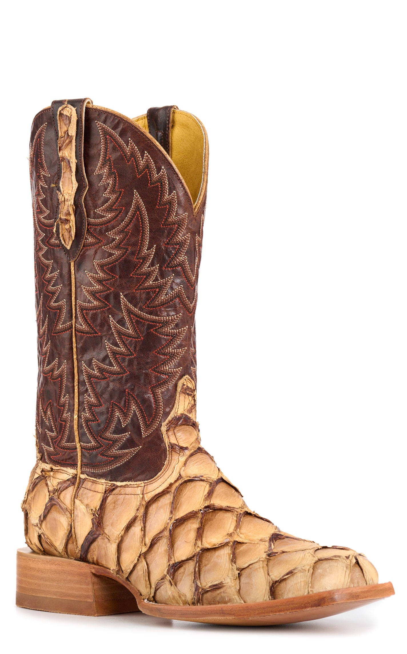 Cavender’s Men’s Brass and Caramel Pirarucu Wide Square Toe Exotic Cowboy Boots - Image 1