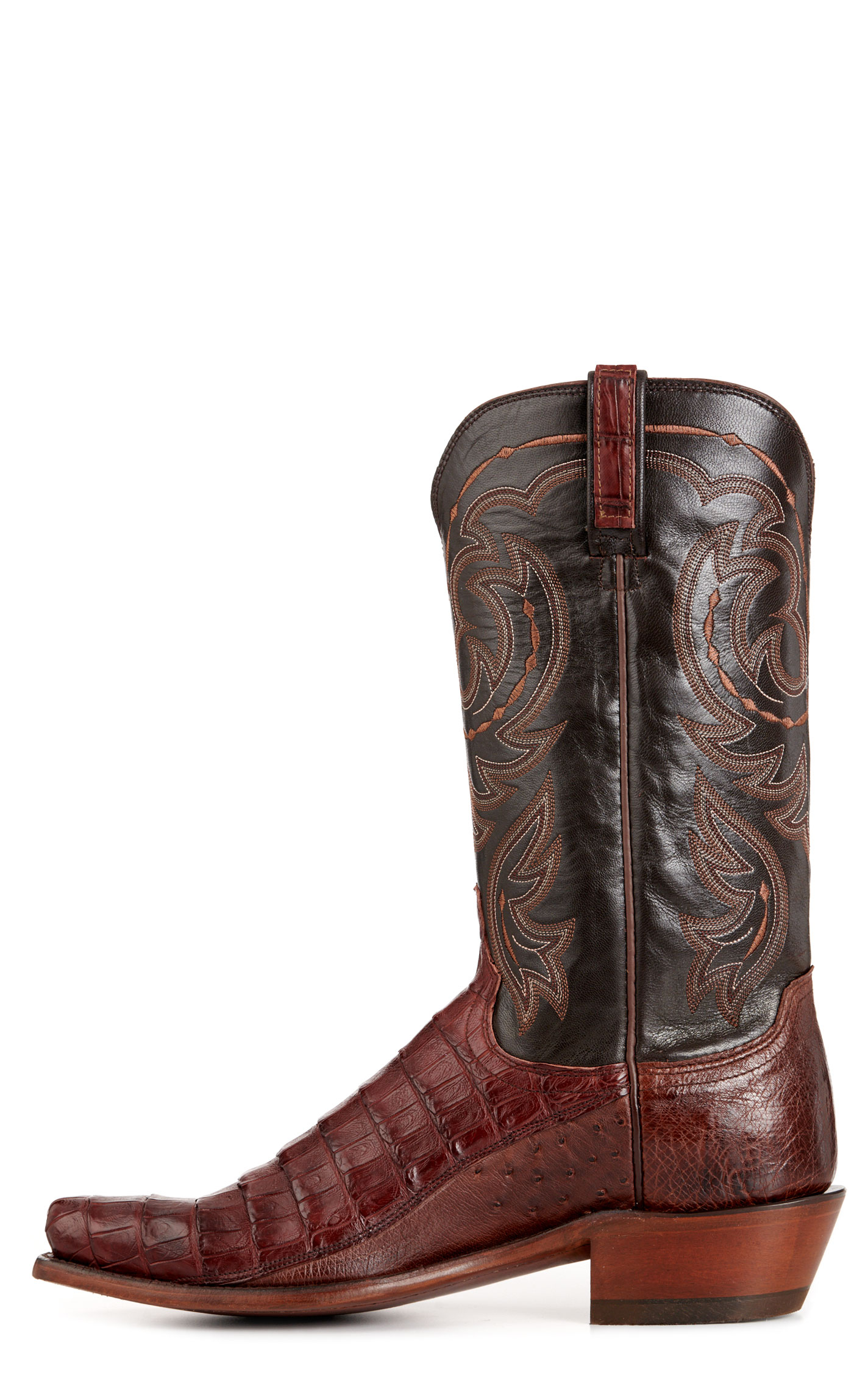 Lucchese Men's Douglas Dark Brown and Barrel Brown Caiman and Ostrich Exotic Cowboy Boots - Image 1