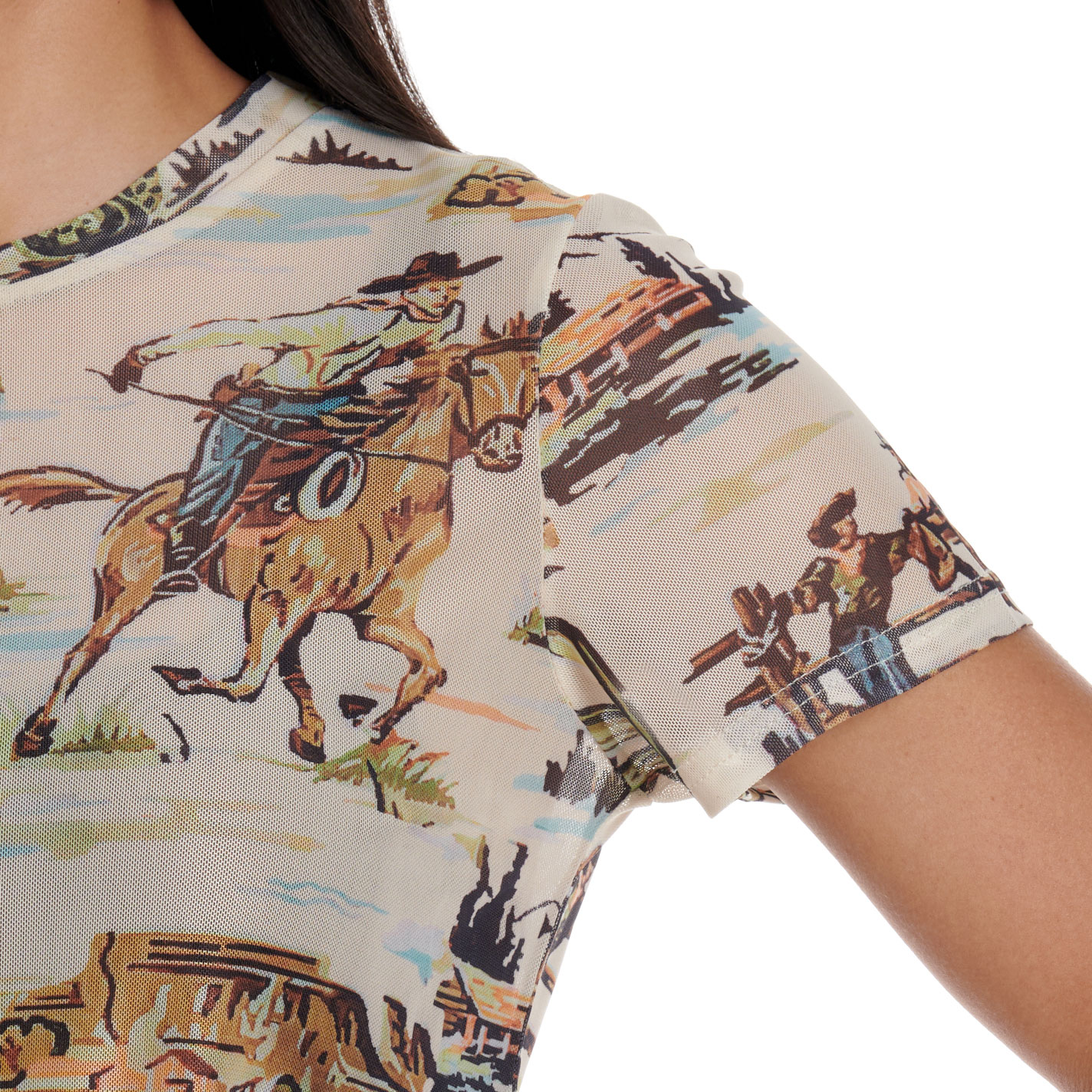 Fashion Express Women's Beige Cowboy Print T-Shirt - Image 1