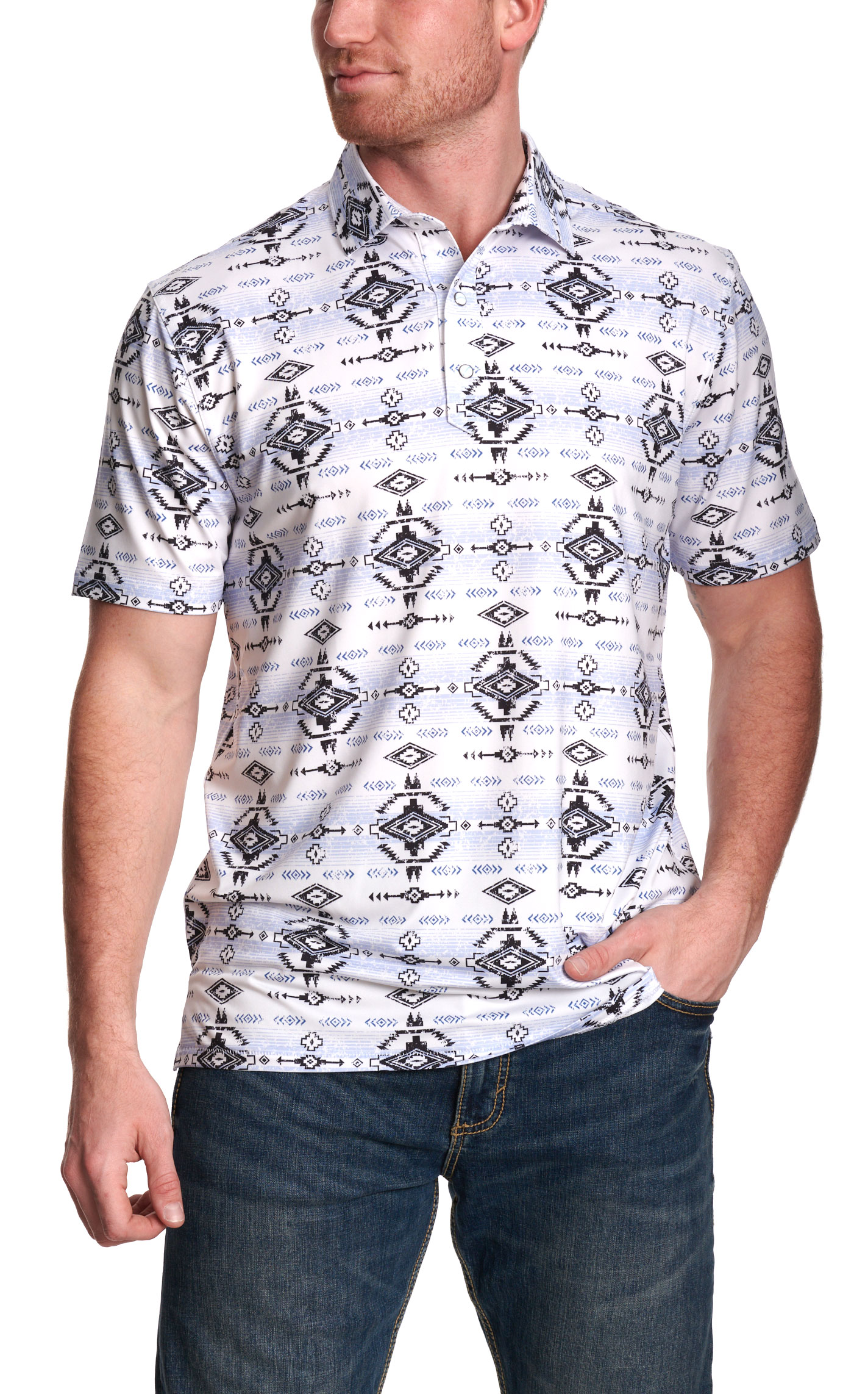 Rafter C Men’s White & Blue Aztec Polo Shirt - Image 1