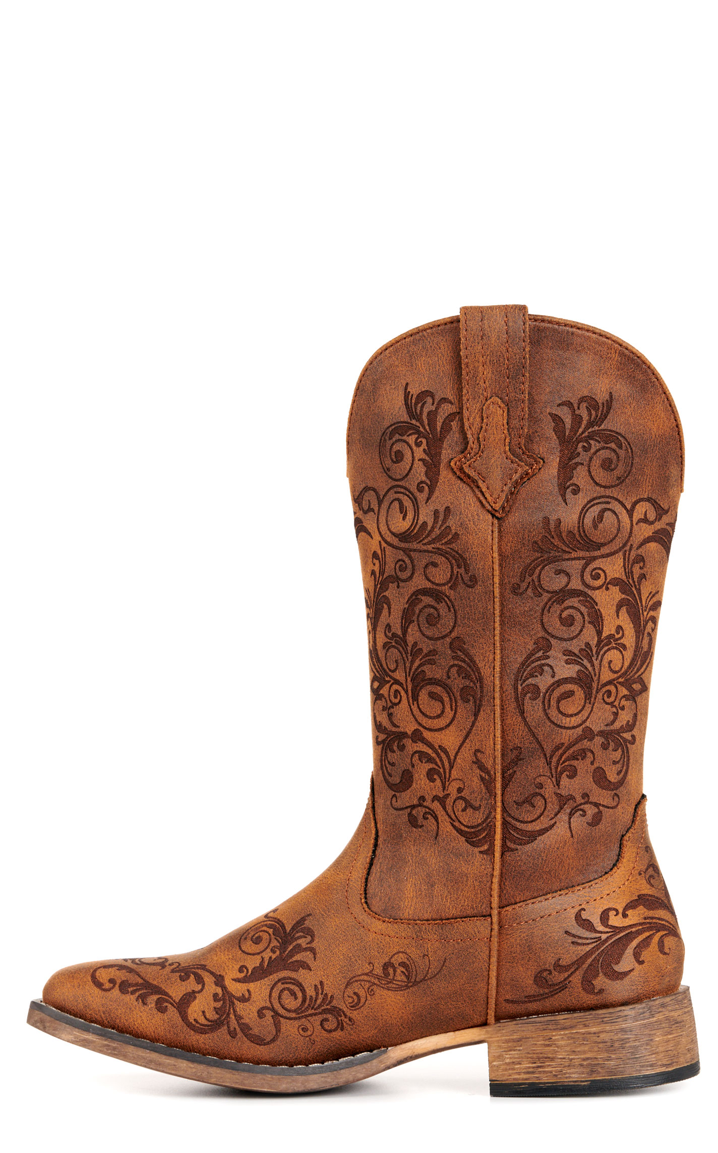 Roper Women’s Bailey Brown Laser-Etched Faux Leather Wide Square Toe Cowboy Boots - Image 1