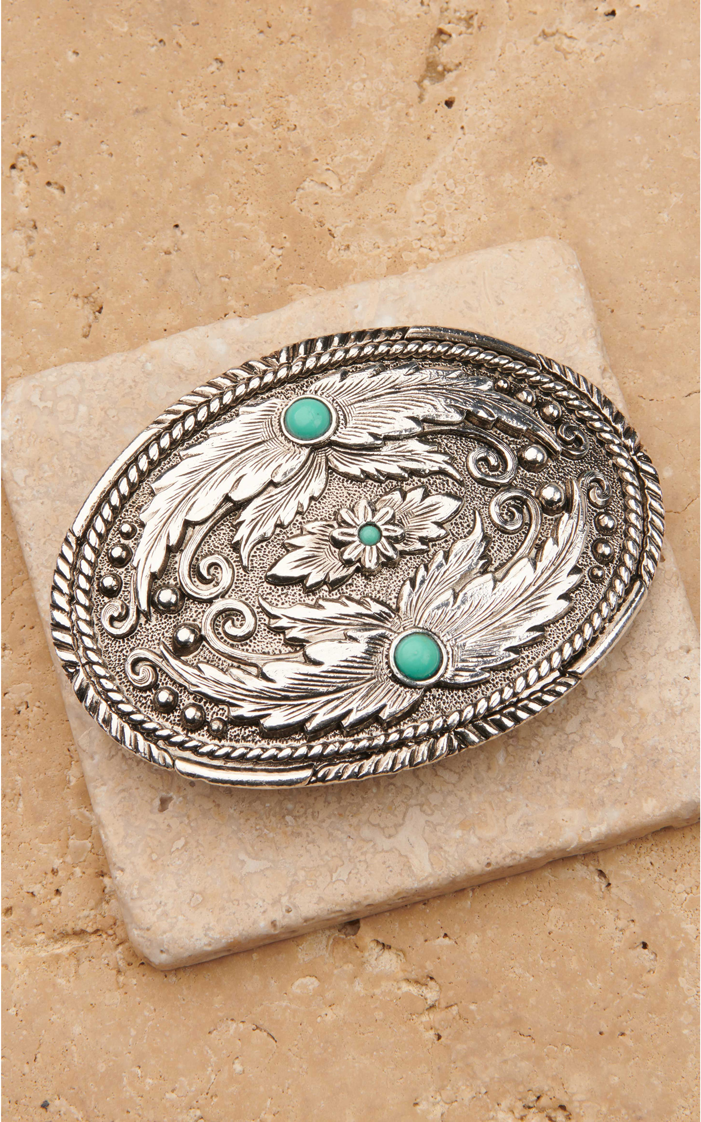 AndWest Antiqued Silver With Feathers and Turquoise Stones Belt Buckle - Image 1