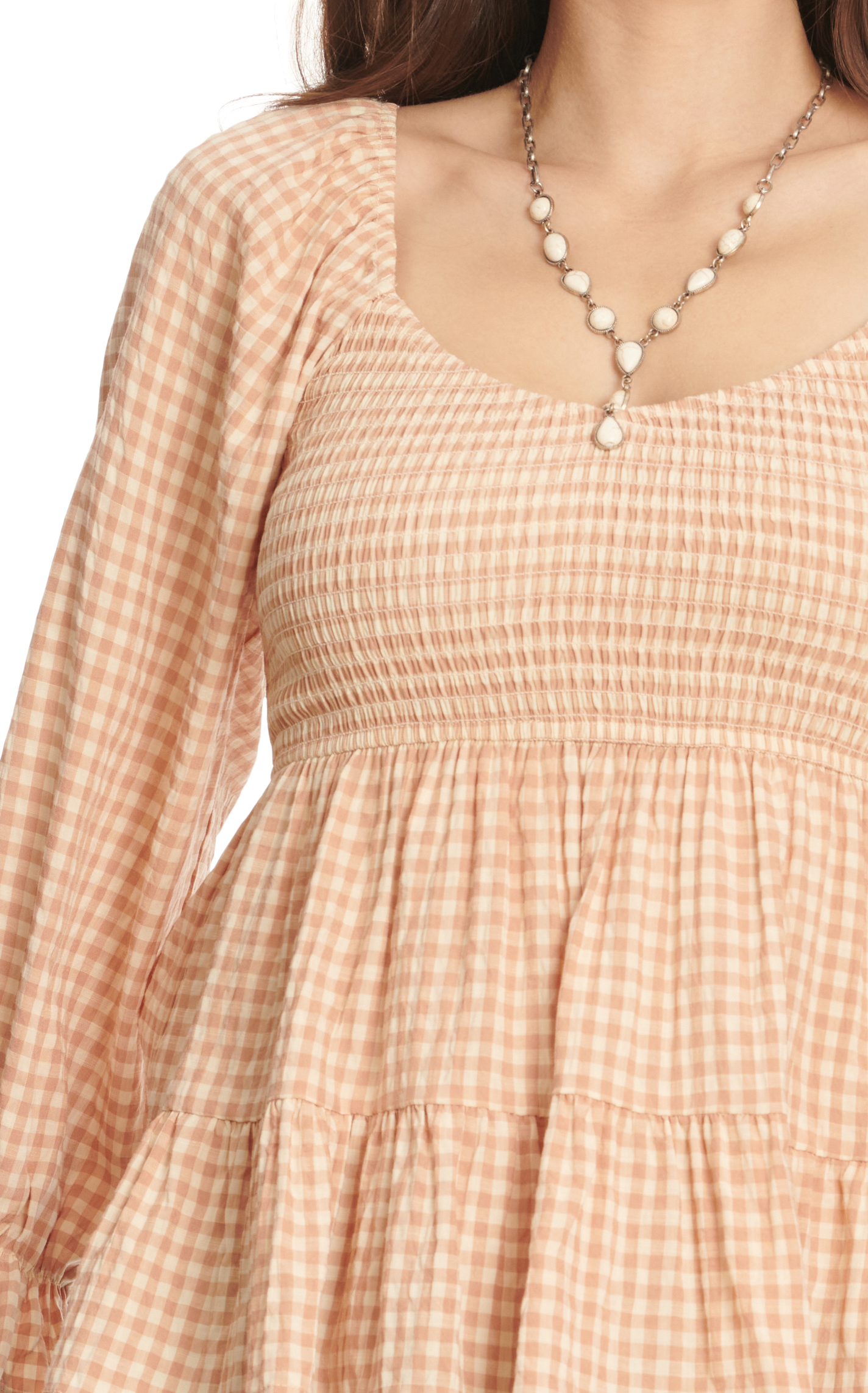 Rockin C Women's Cream & Light Brown Sugar Gingham Smocked Long Sleeve Top - Image 1