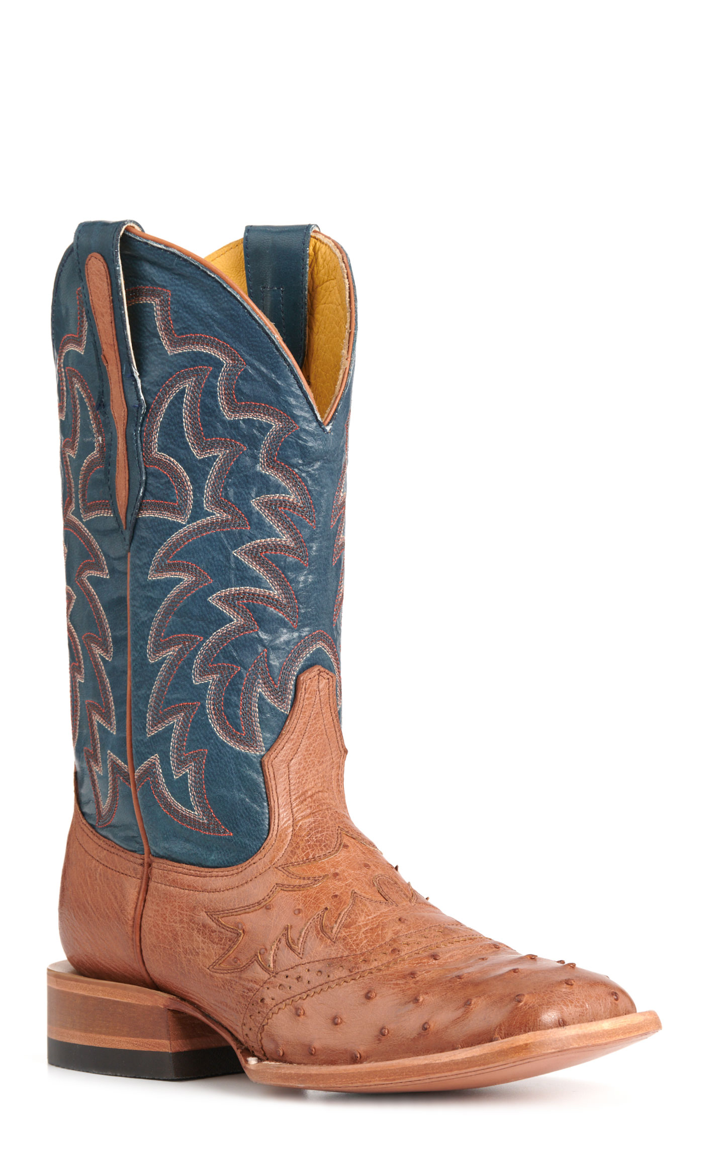 Cavender's Private Label Women's Horseman Cognac Ostrich & Blue Wide Square Toe Boots - Image 1