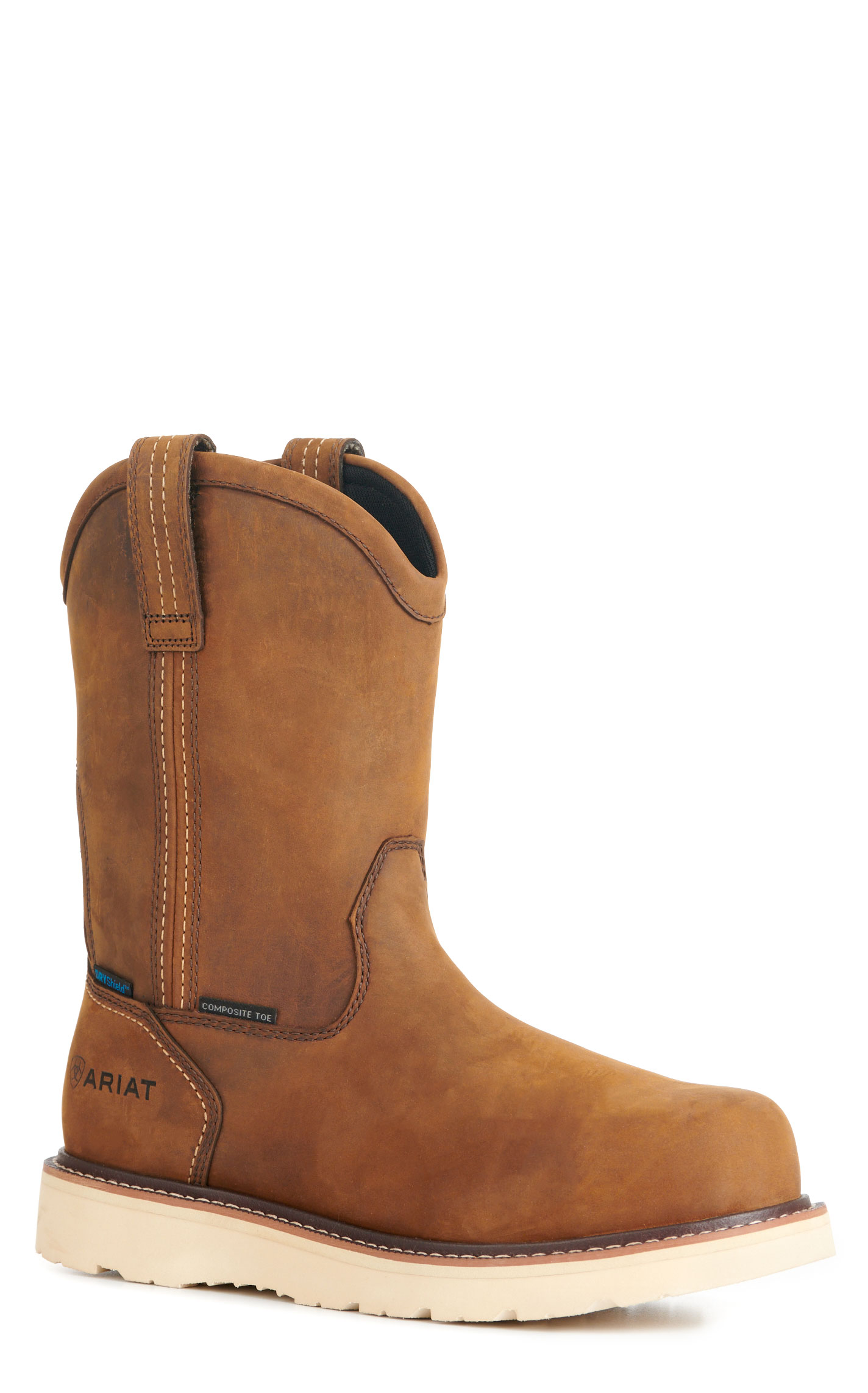 Ariat Men's Rebar Wedge Distressed Brown Waterproof Round Composite Toe Pull-On Work Boots - Image 1