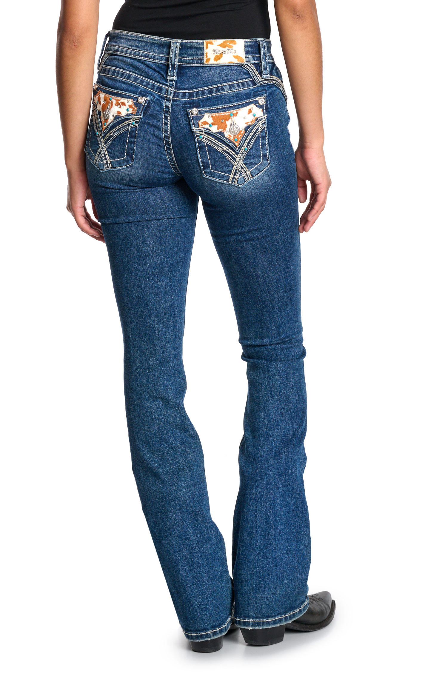 Miss Me Women's Dark Wash Hair On Hide Faux Flap Pockets Bootcut Jeans - 34\