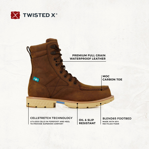 Twisted X Men's Distressed Saddle Tan CellStretch Waterproof Round Nano Composite Toe 8\