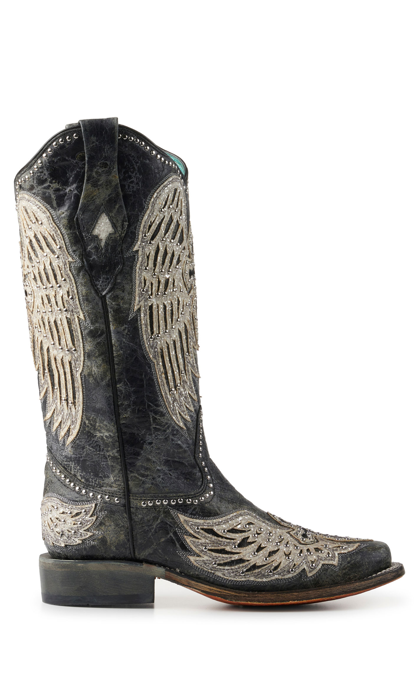 Corral Women's Distressed Black with Cross & Wings Square Toe Cowboy Boots - Image 1