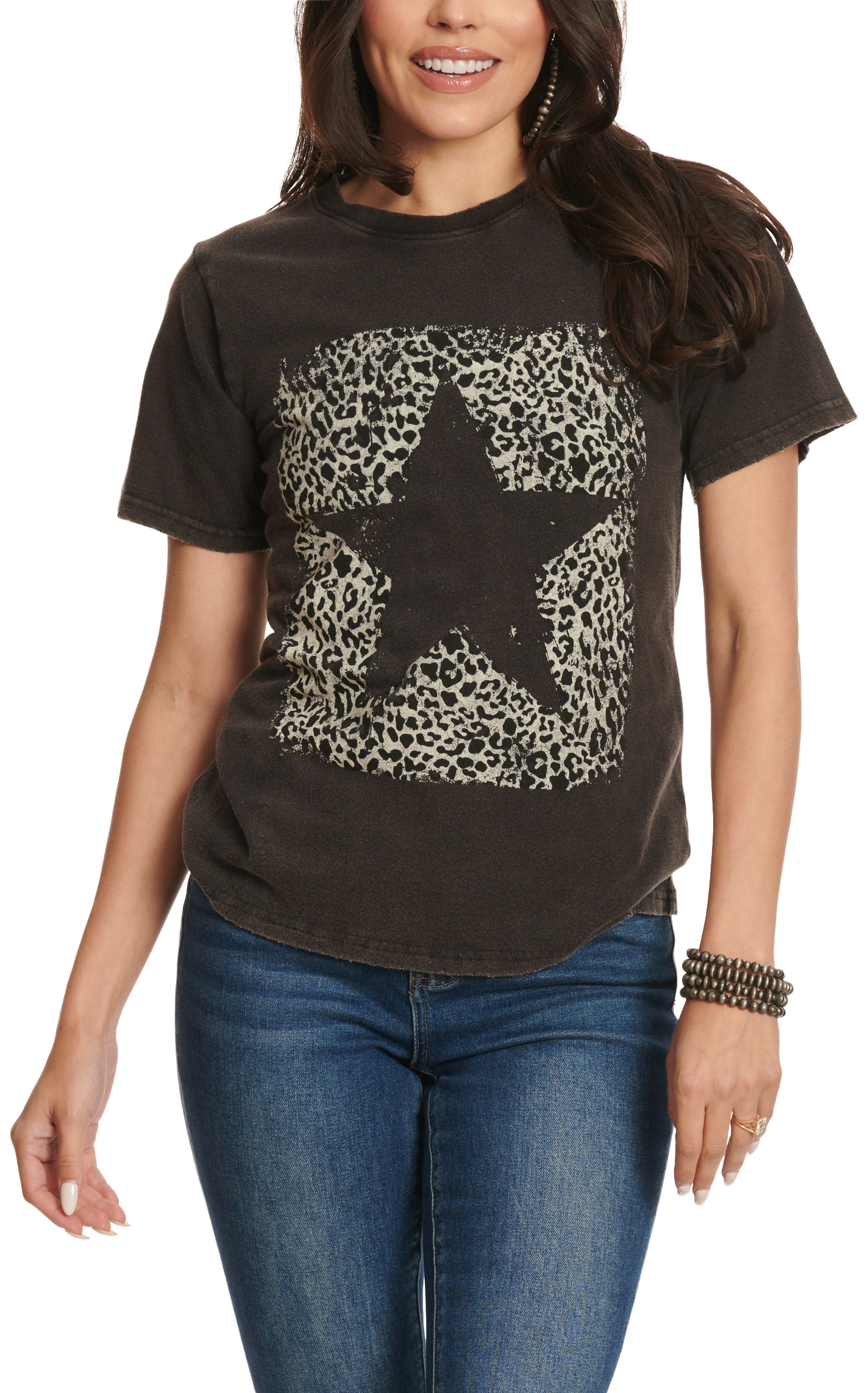 Refined Canvas Women's Black Leopard & Star Graphic Distressed T-Shirt - Image 1