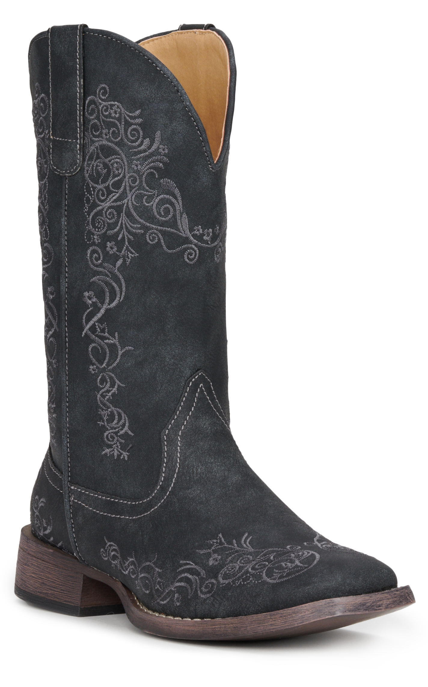 Roper Women's Black Bomber with Scroll Embroidery Wide Square Toe Cowboy Boots - Image 1