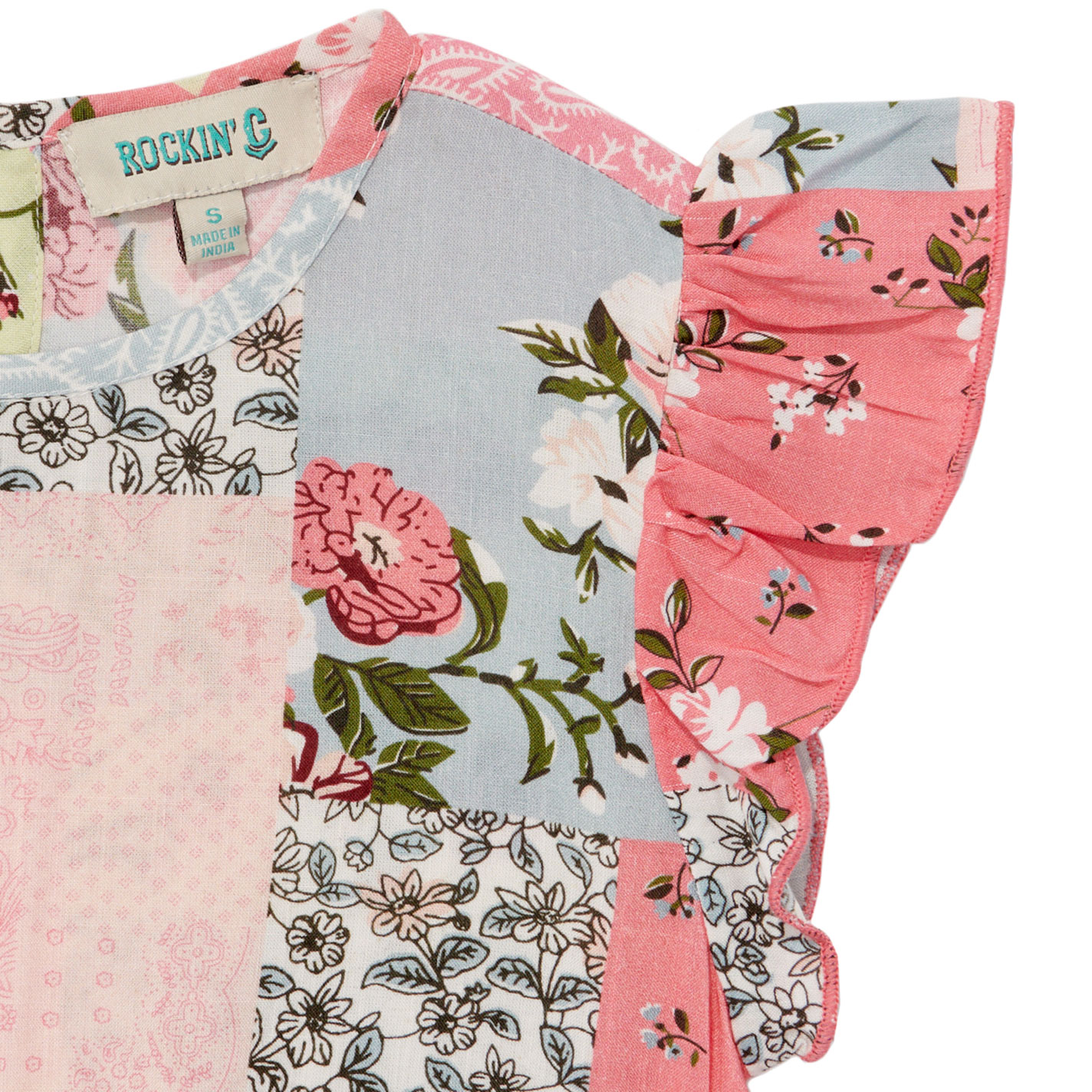 Rockin' C Girl's Pink Patchwork Ruffle Sleeve Top - Image 1
