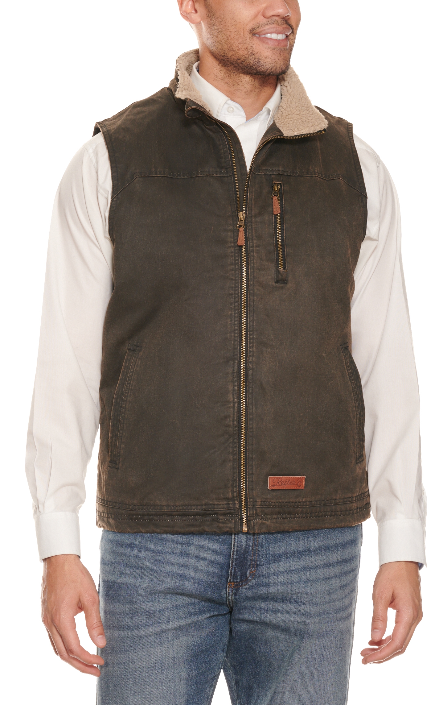 Rafter C Men's Dark Brown Sherpa Collar Faux Oilskin Vest - Image 1