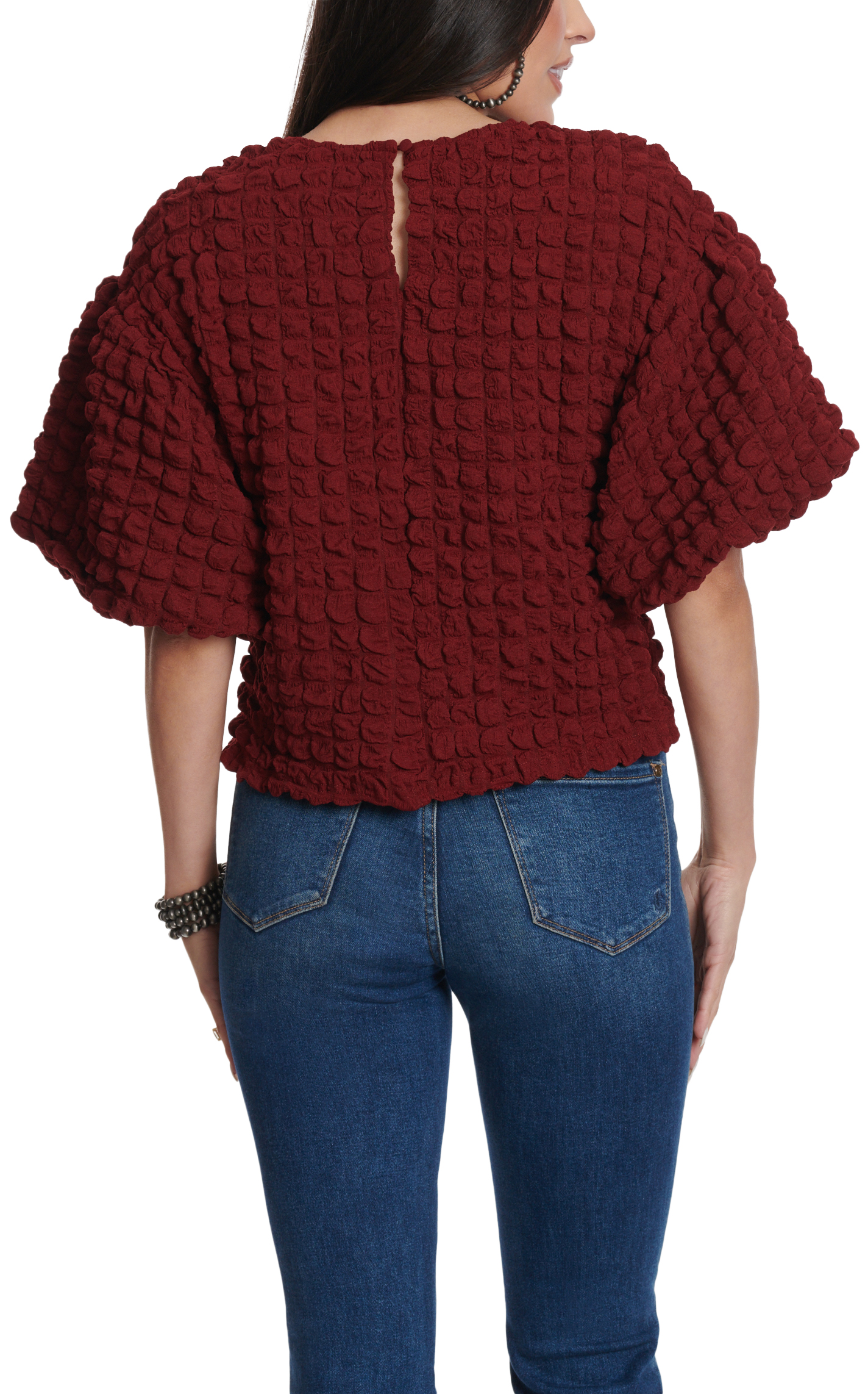 TCEC Women's Rich Wine Puffed Squares & Sleeves Top - Image 1
