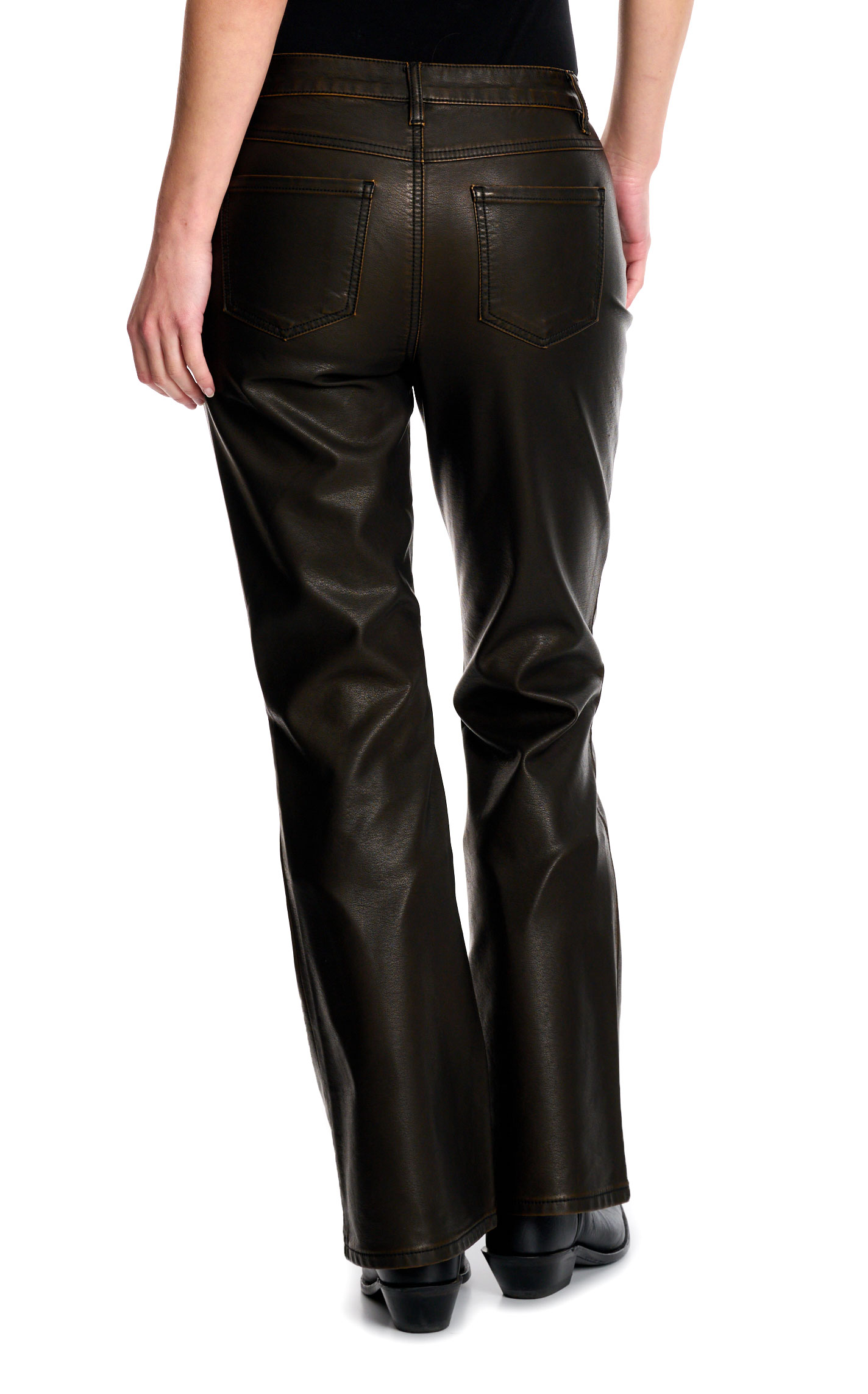 One5One Women's Chocolate Vegan Leather High Rise Flare Jeans - Image 1