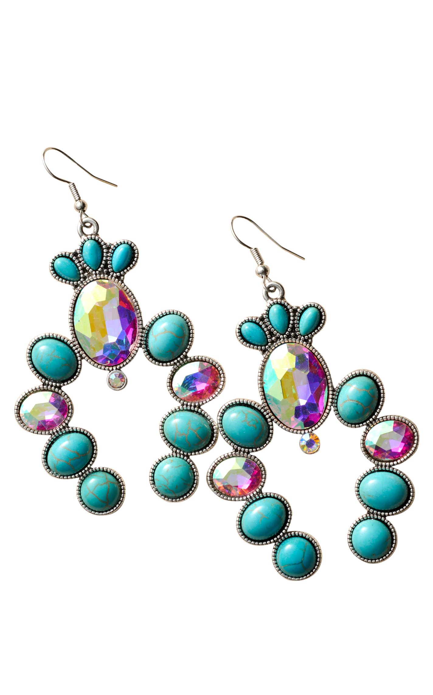 Southern Grace Silver & Turquoise Crystal Squash Blossom Earrings - Image 1