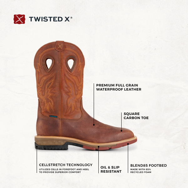 Twisted X Men’s Ginger and Rust CellStretch Wide Square Nano Composite Toe Work Boots - Image 1