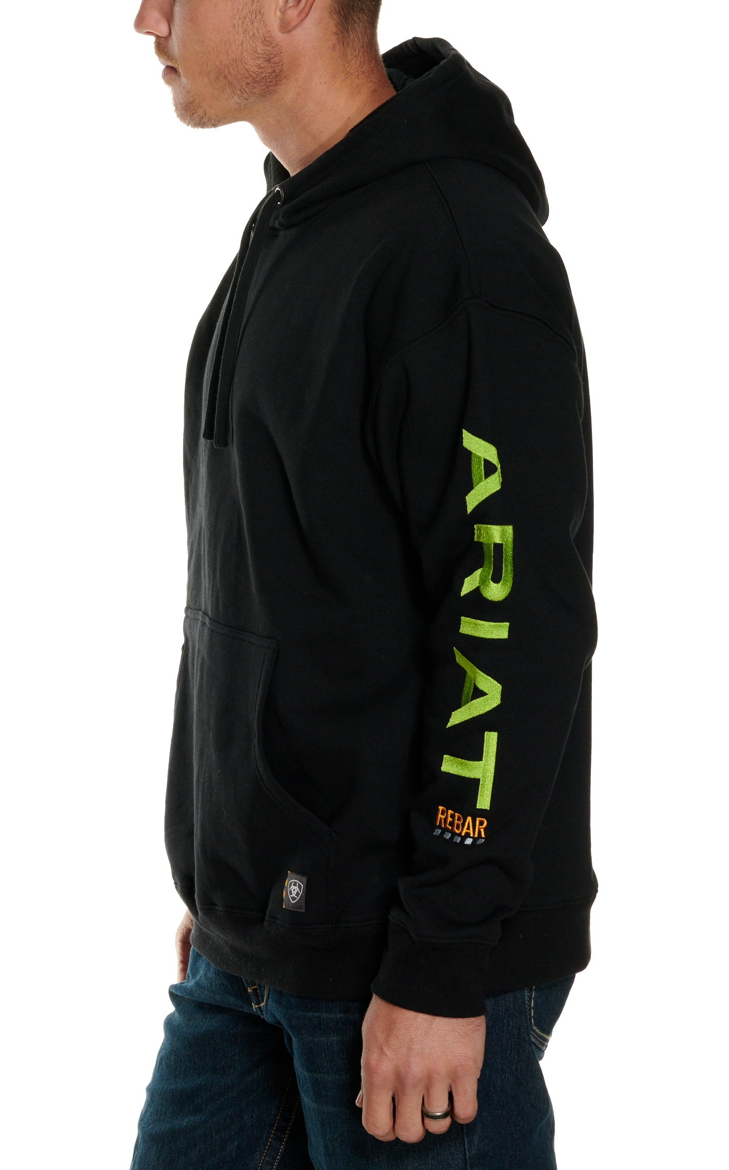 Ariat Men's Rebar 10 OZ All Weather Black with Lime Green Logo Work Hoodie - Image 1