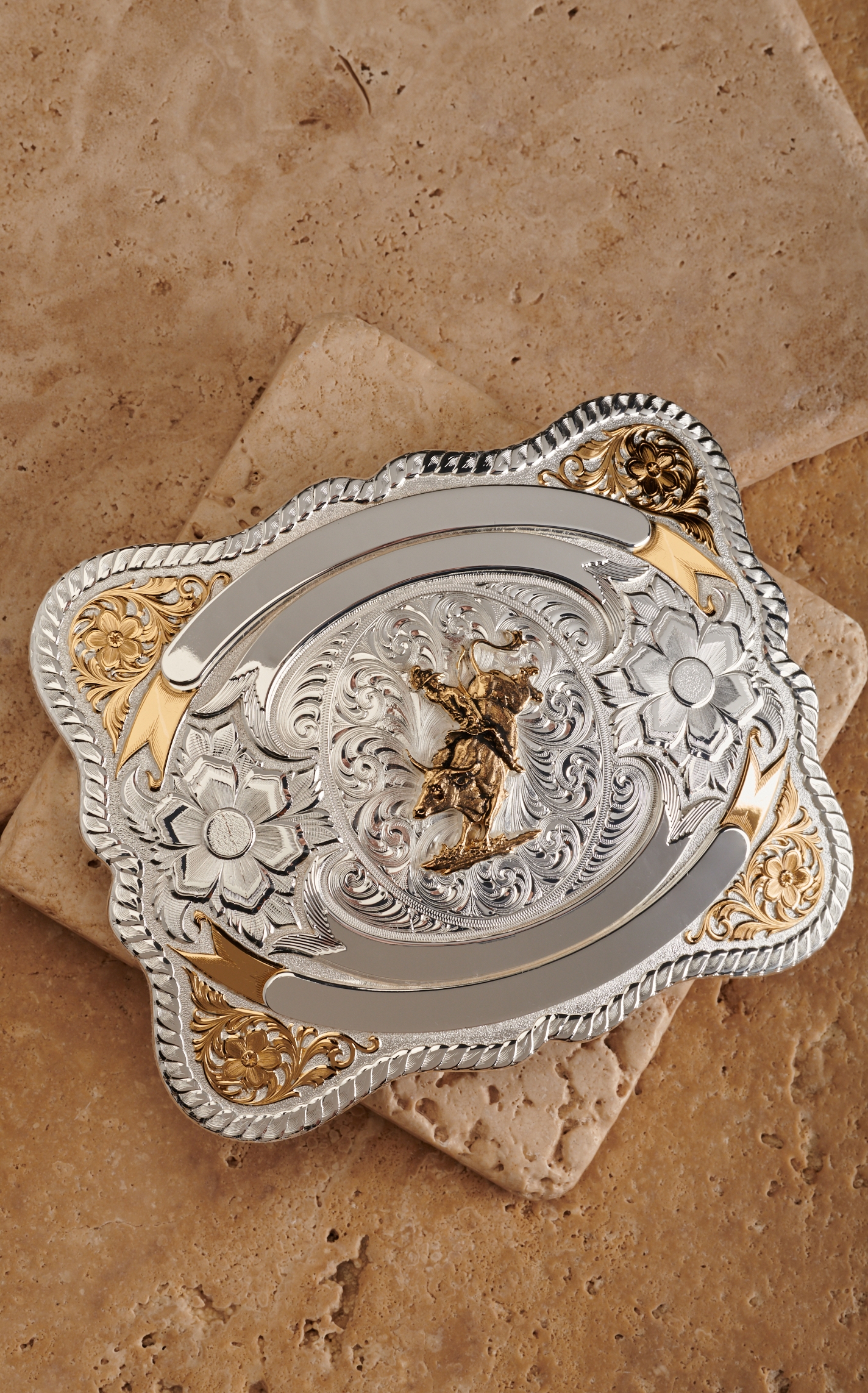Montana Silversmiths Silver and Gold Bull Rider Teton Trophy Belt Buckle - Image 1