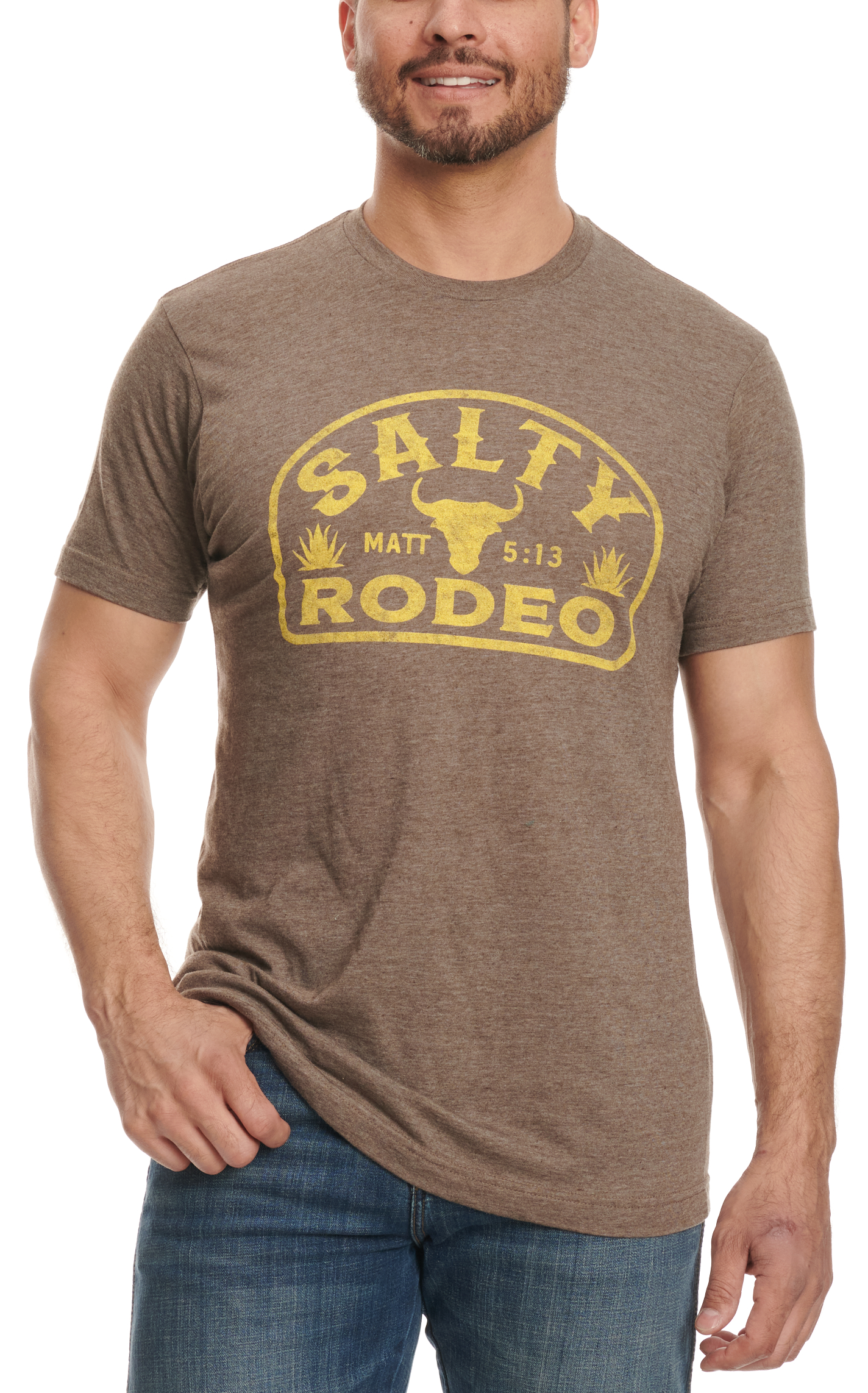 Salty Rodeo Men's Chocolate & Yellow Logo T-Shirt - Image 1