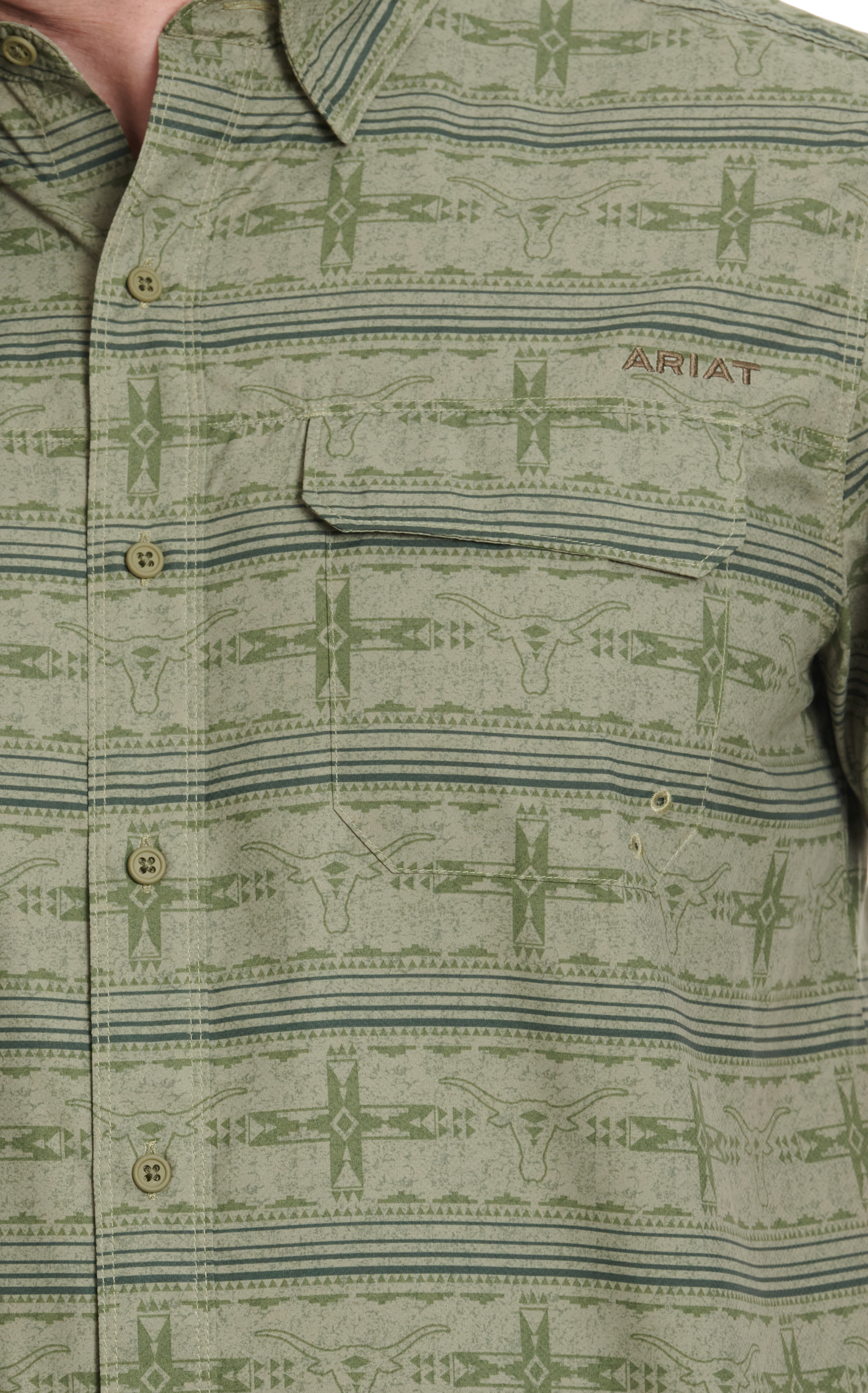 Ariat Men's VentTEK Outbound Shades of Olive Aztec & Longhorn Stripe Short Sleeve Shirt - Image 1