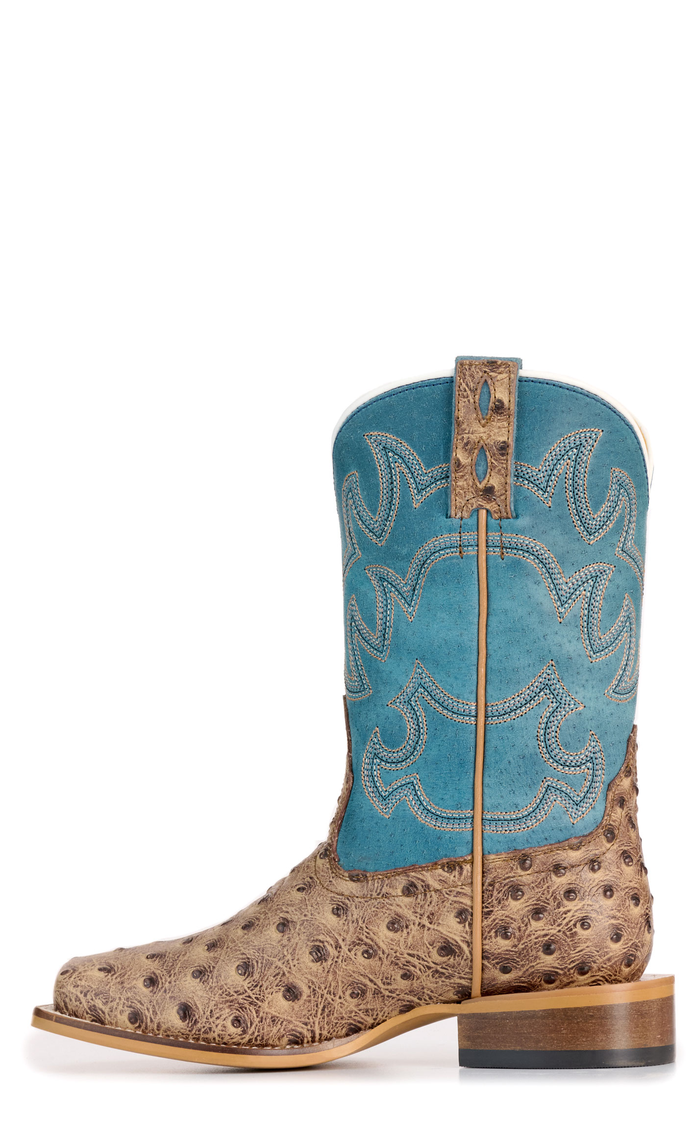 Cavender's Kids' Sand Ostrich Print and Blue Wide Square Toe Cowboy Boots - Image 1
