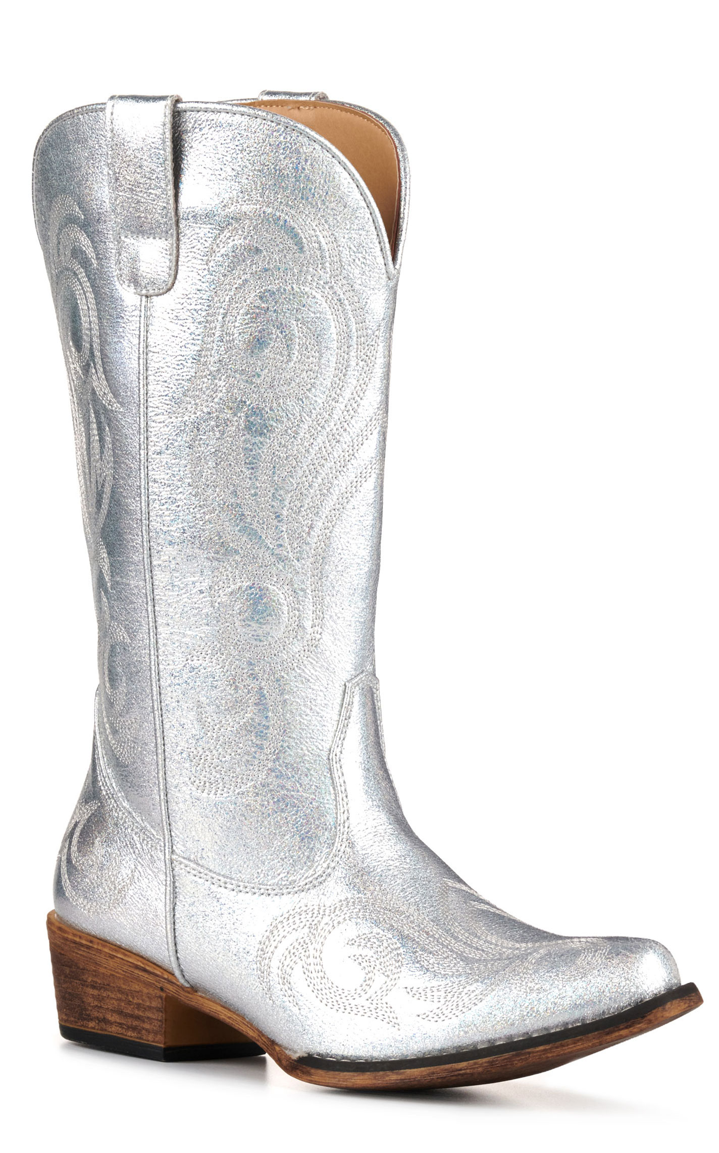 Roper Women's Metallic Silver Faux Leather with White Stitching Snip Toe Cowboy Boots - Image 1