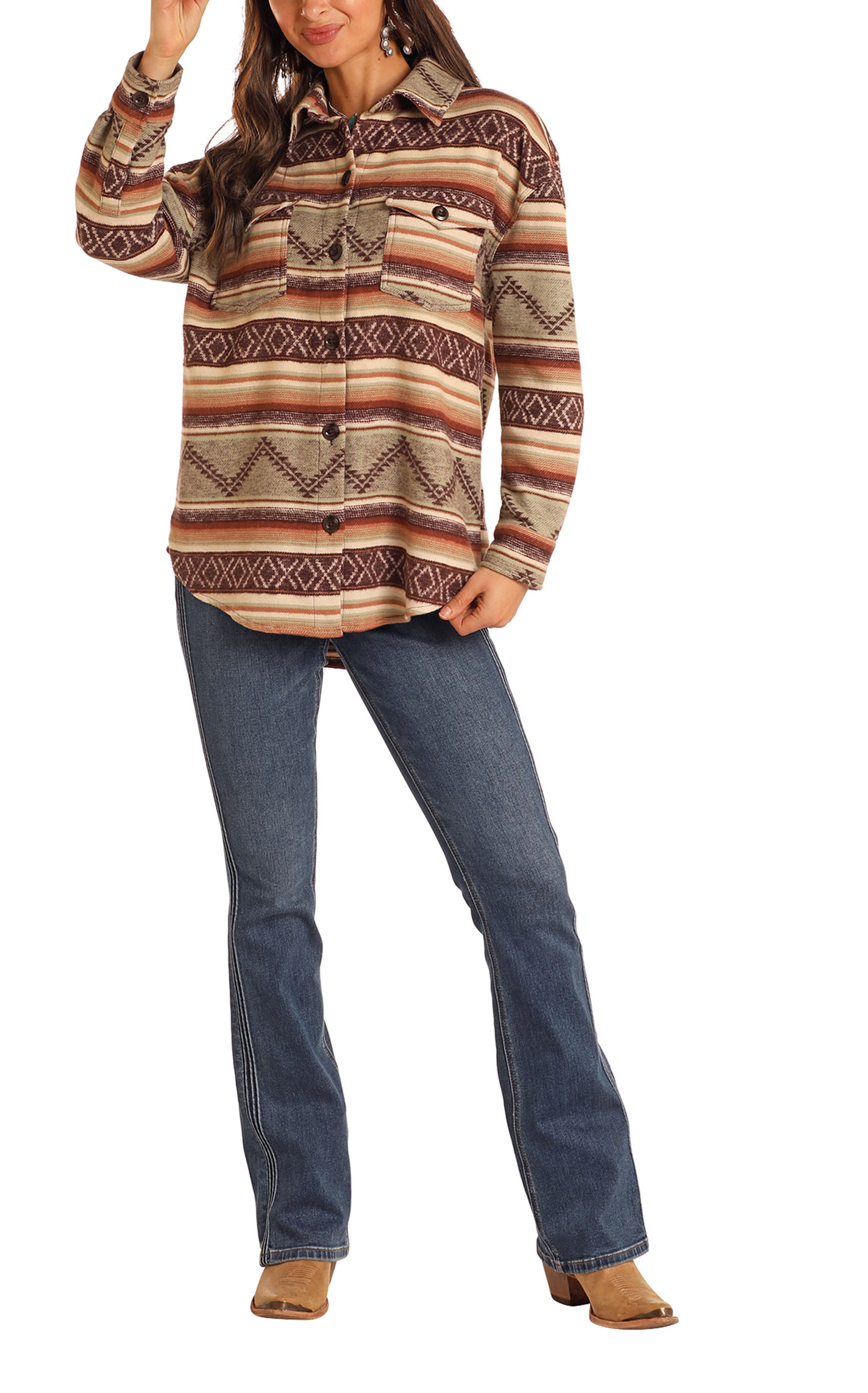 Rock & Roll Denim Women's Chocolate & Sage Aztec Serape Shacket - Plus Sizes - Image 1