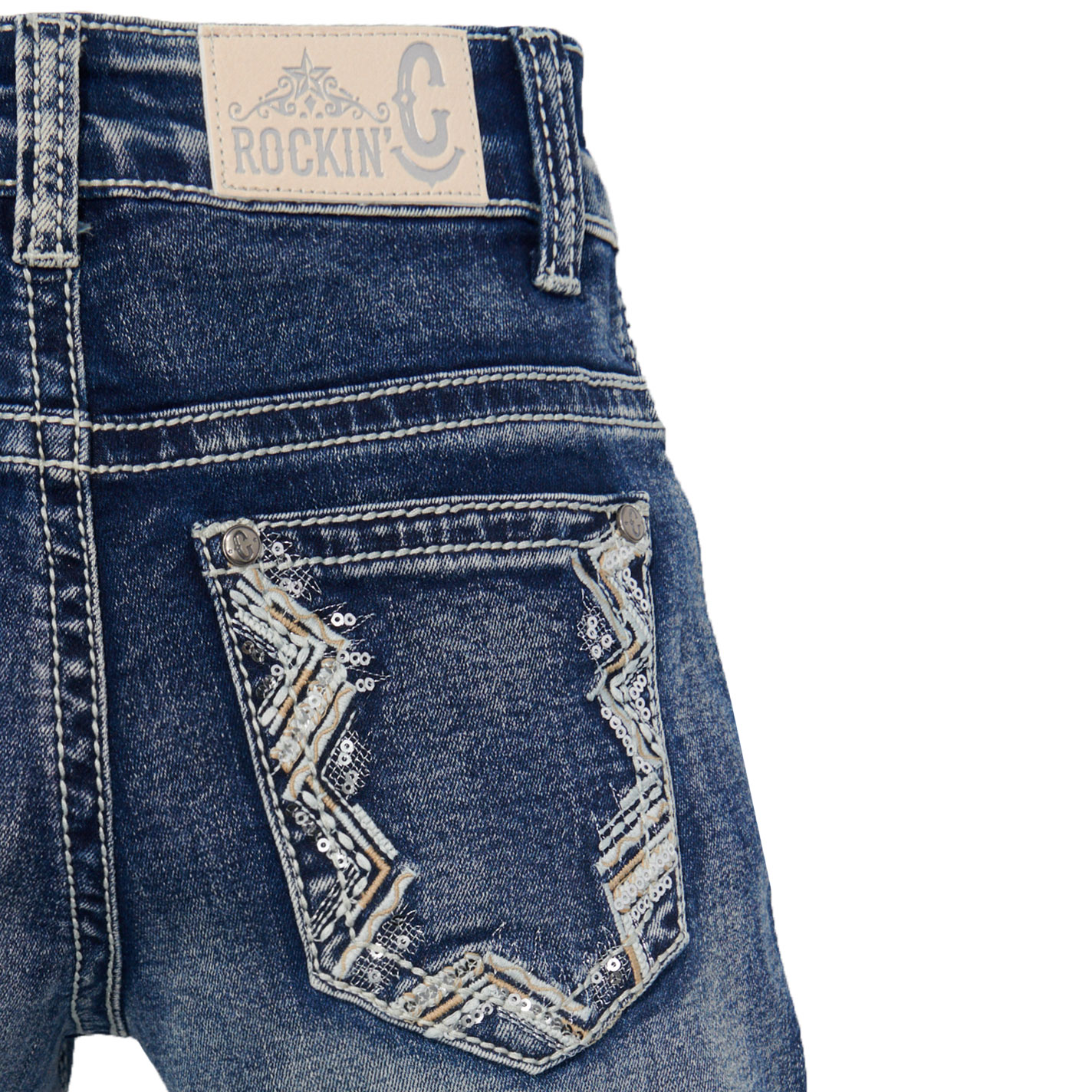Rockin' C Girls' Medium Wash Chevron Embellished Bootcut Jeans - Image 1